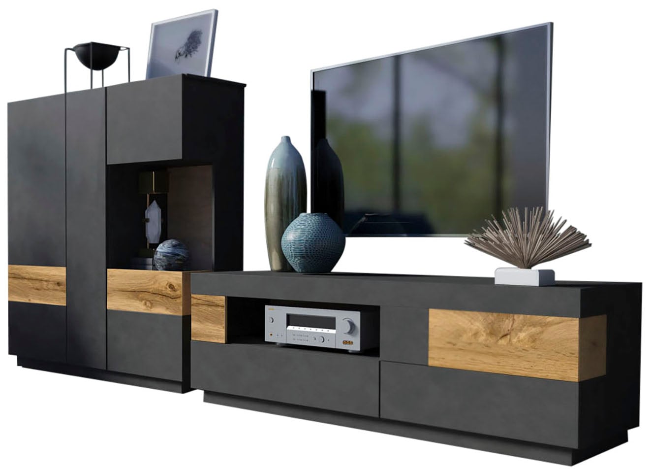 Wohnwand INOSIGN "SILKE", grau (anthrazit matera, votaneichefarben), B:290cm, Kastenmöbel-Sets