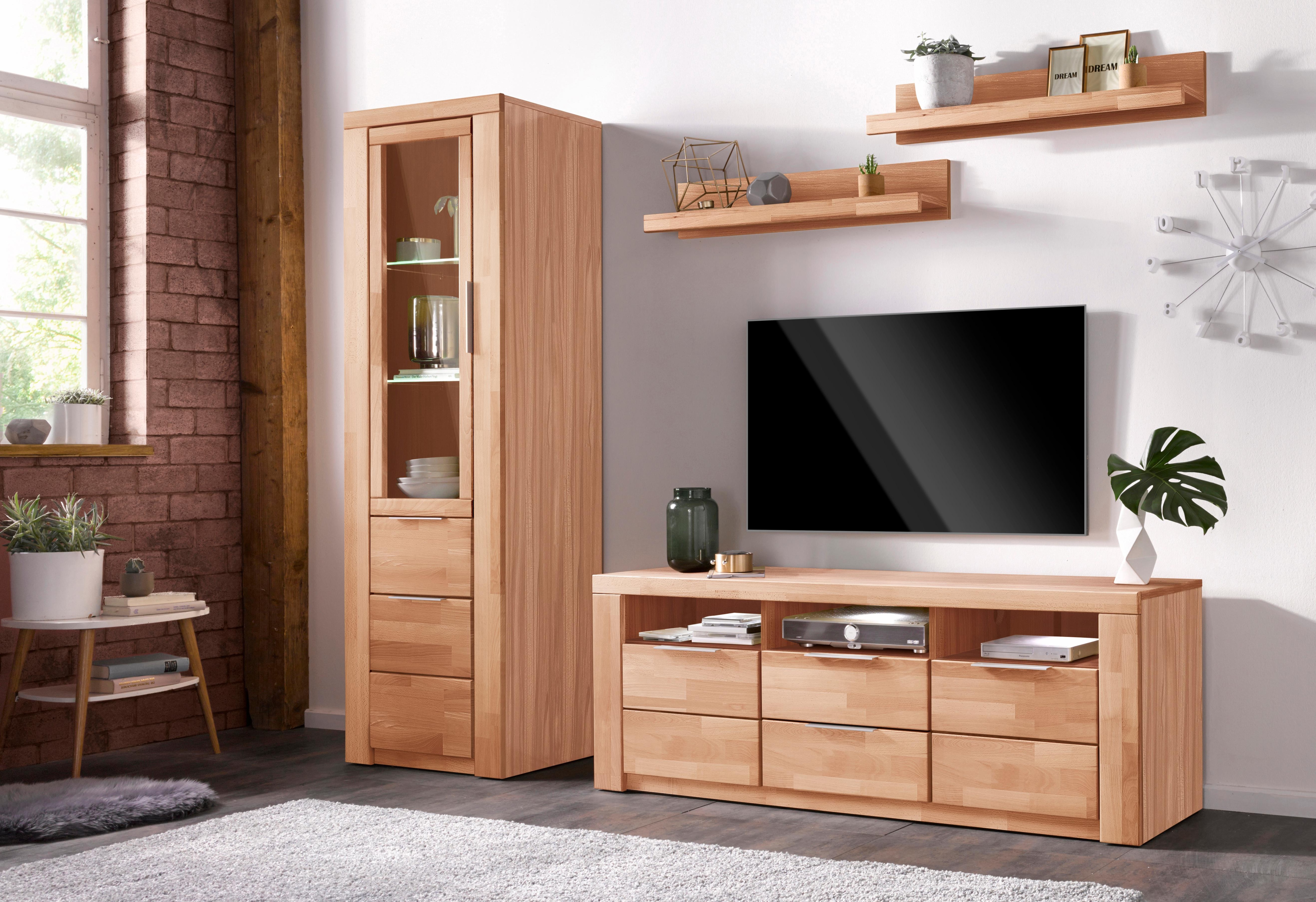 Wohnwand HOME AFFAIRE "Zara", beige (kernbuche teilmassiv), Holzwerkstoff Kernbuchefarben (Korpus)/ Massivholz Kernbuche (Front), Kastenmöbel-Sets, teilmassives Holz