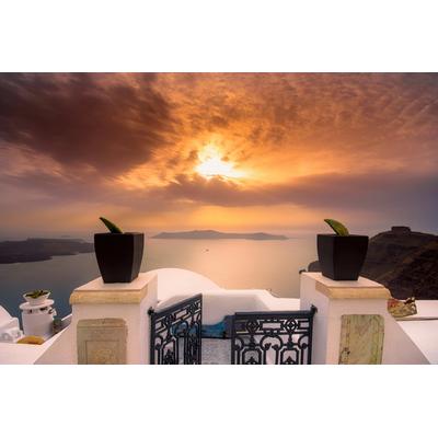 Fototapete PAPERMOON "TERRASSE-SANTORINI SEE MEER STRAND PALMEN DÜNEN SCHIFFE", bunt, B:4,00m L:2,60m, Vlies, Tapeten Image