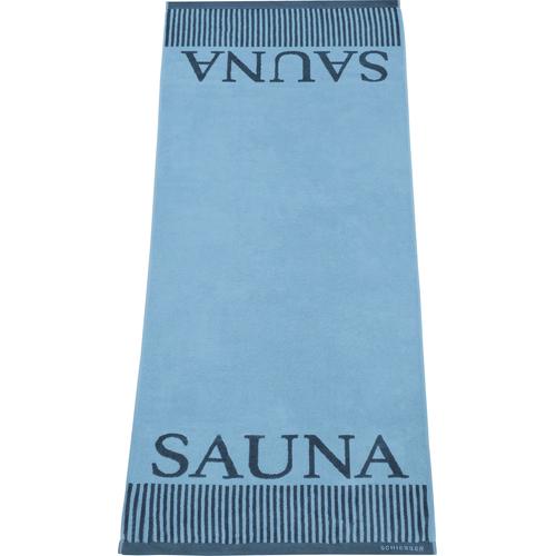 „Saunatuch SCHIESSER „“Rom““ Handtücher (Packung) Gr. B/L: 75 cm x 200 cm (1 St.), blau (hellblau) Saunatücher Sauna-Aufschrift“