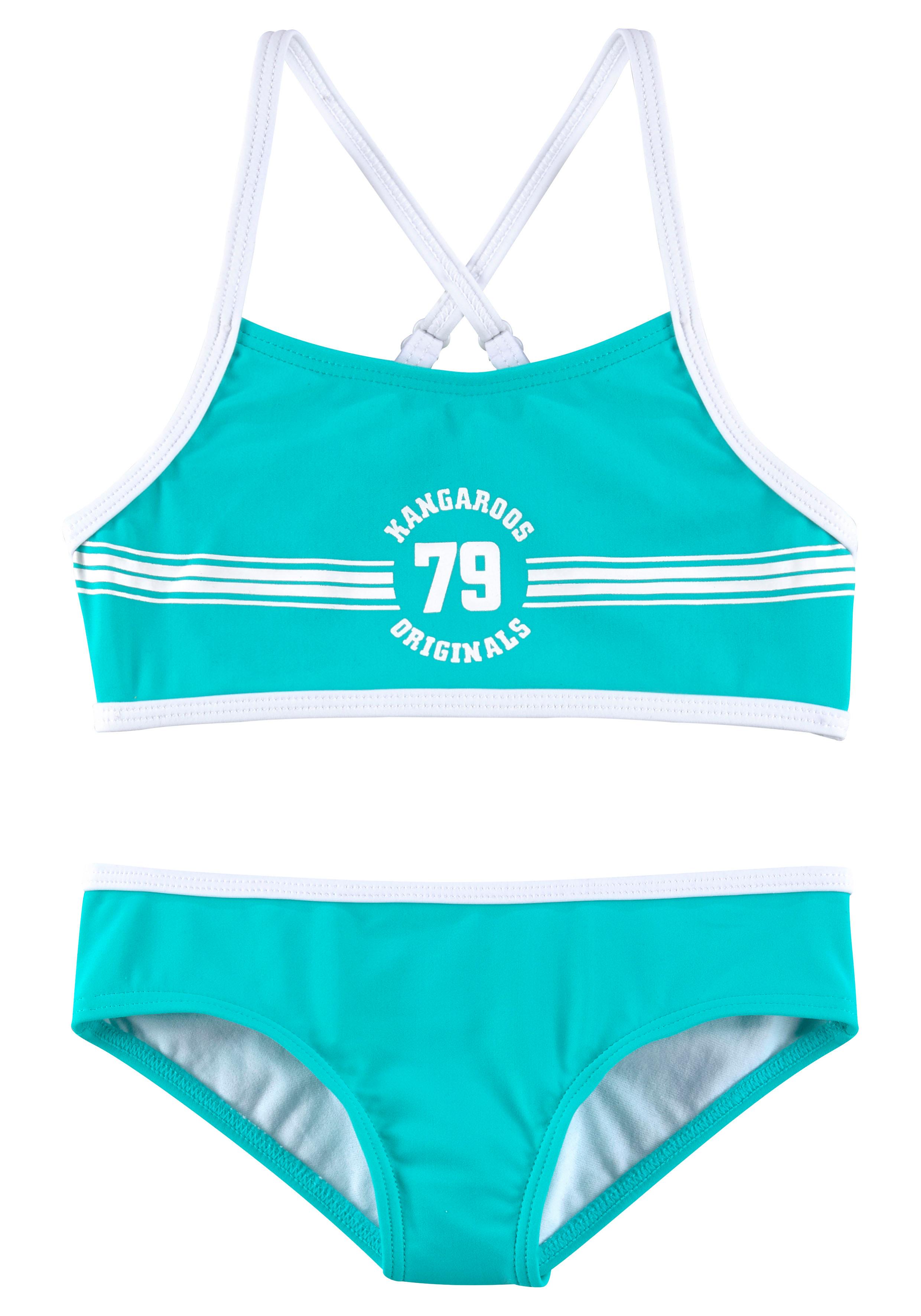Bustier-Bikini KANGAROOS "Sporty", Kinder, Gr. 170/176, N-Gr, blau (türkis), Polyamid, kontrastfarbene Details, unifarben, Bikini-Sets, mit sportlichem Frontdruck Image