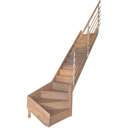 „STARWOOD Raumspartreppe „“Massivholz Rhodos, Design-Geländer Holzrundstäbe““ Treppen gewendelt Rechts, Durchgehende Wangenteile Gr. gewendelt, beige (natur) Treppen“