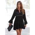 Longbluse LASCANA, Damen, Gr. 36/38, schwarz, Web, Obermaterial: 100% Viskose. Spitze: 100% Baumwolle, modisch, figurumspielend kurz, V-Ausschnitt, Langarm Volant, Blusen, mit Spitzeneinsätzen, Tunika, Blusenkleid, Strandmode