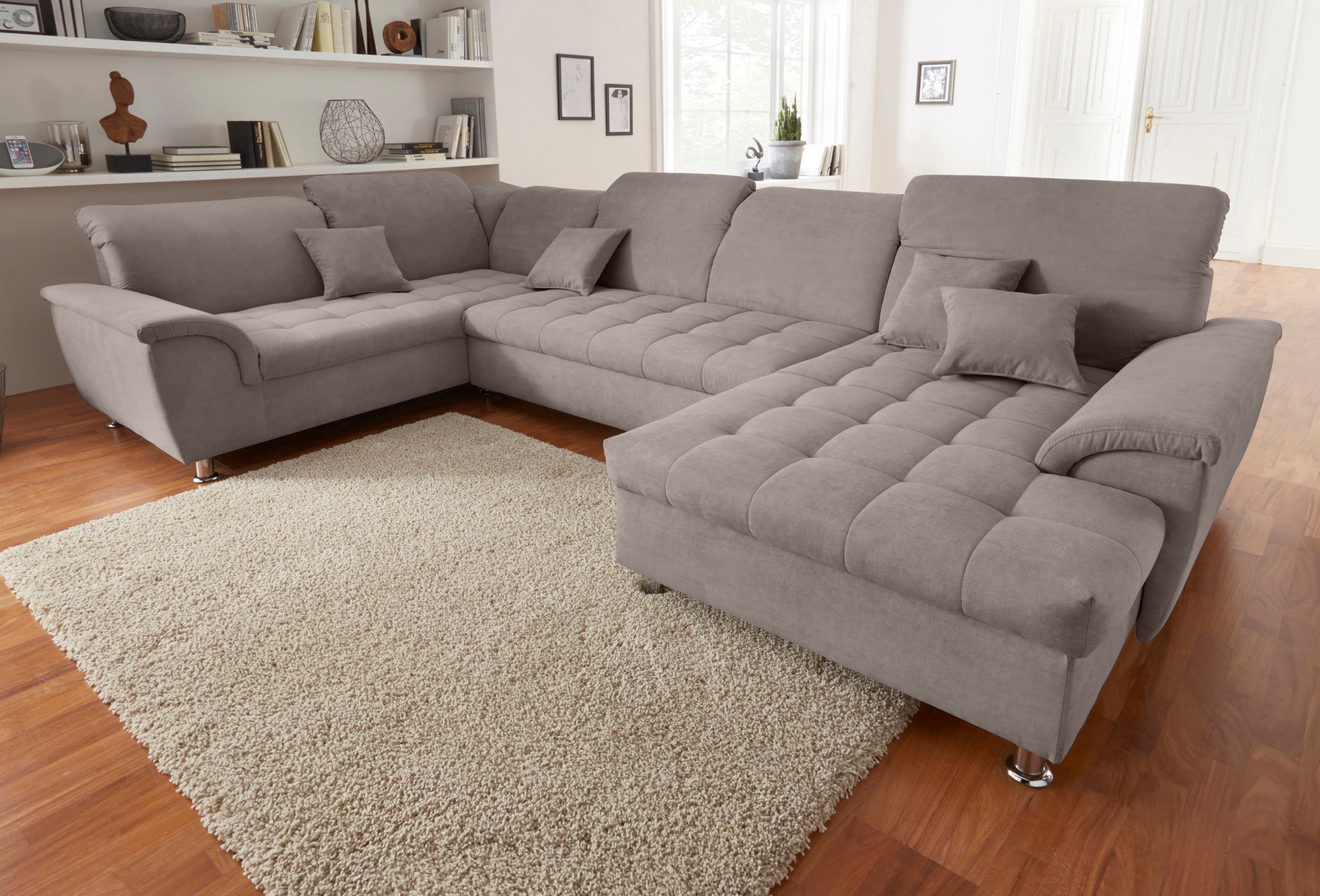 Wohnlandschaft DOMO COLLECTION "Franzi optional mit Bettfunktion, Bettkasten & Kopfteilverstellung", grau (taupe), B:344cm H:81cm T:206cm, Flachgewebe (100% Polyester);Chenille (100% Polyester), Sofas, Wohnlandschaft, U-Form, Recamiere rechts,...
