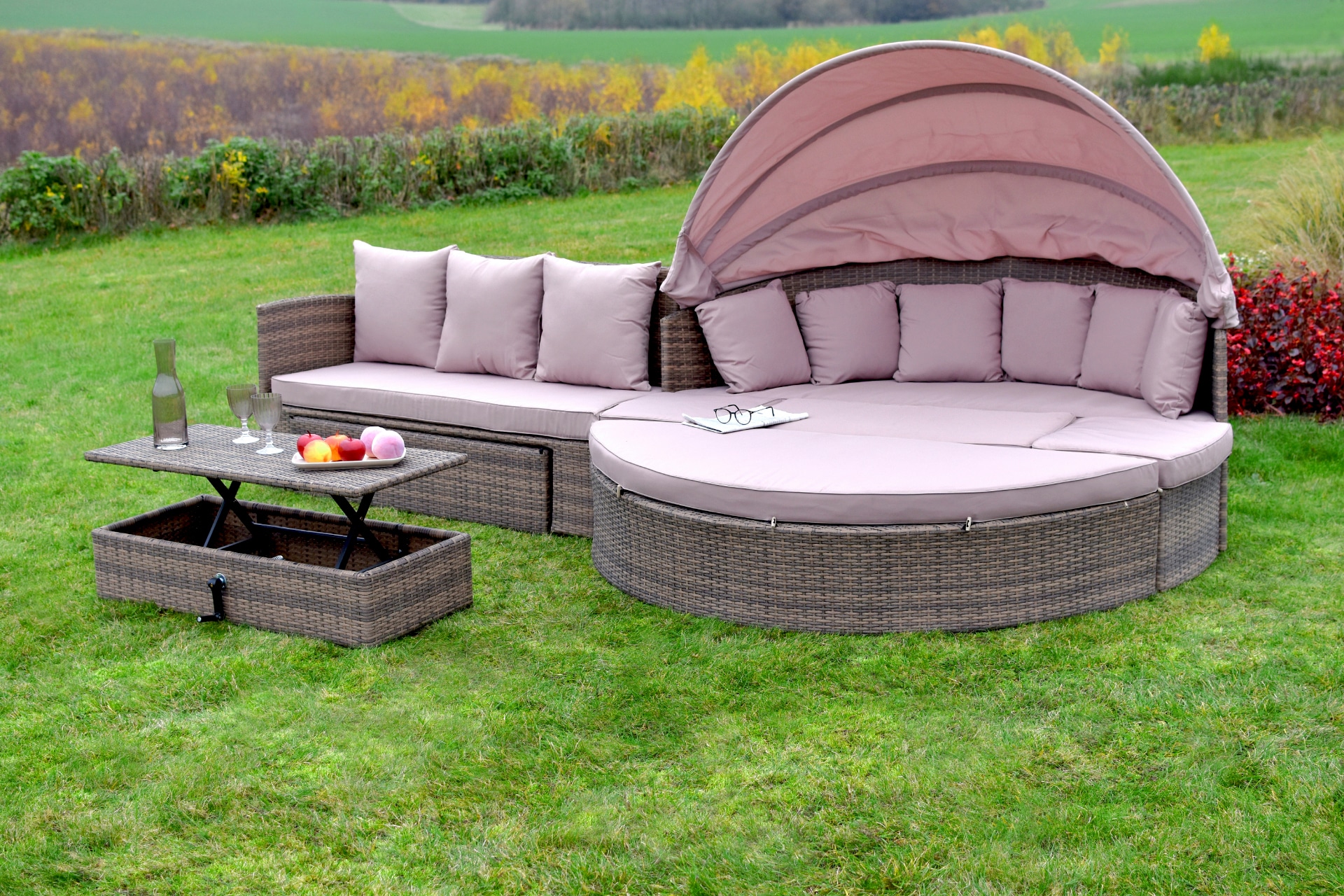 Garten-Essgruppe MERXX "Riva", beige (natur, natur, natur), B:180cm H:147cm T:183cm, Aluminium, Kunststoff, Polyester, Sitzmöbel-Sets, Insel, mit Riva Erweiterungsset