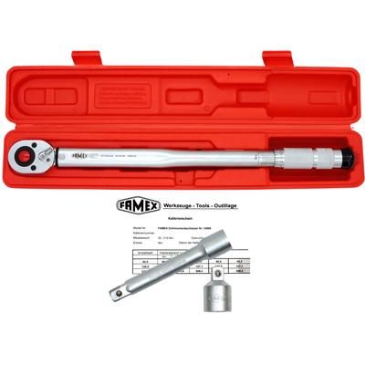 FAMEX Drehmomentschlüssel "10886" Schraubenschlüssel 30-210 Nm, mit Kalibrierschein, mit Verlängerung und Adapter silberfarben