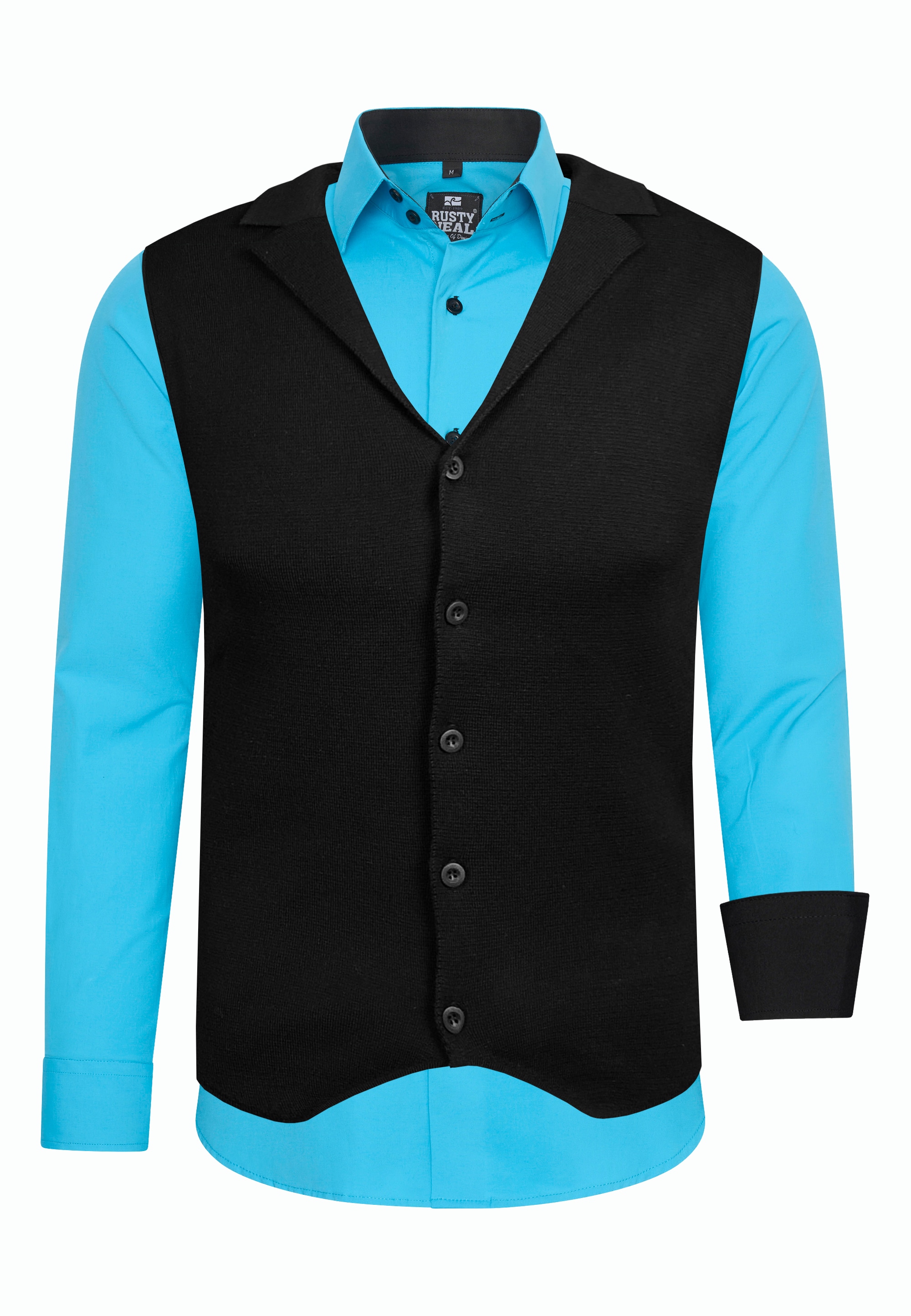 Langarmhemd RUSTY NEAL, Herren, Gr. M, EURO-Größen, blau (türkis), 60% Baumwolle, 37% Polyester, 3% Elasthan, mehrfarbig, Hemden, inklusive Langarmhemd und Weste