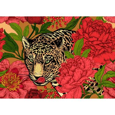 Fototapete PAPERMOON "ABSTRAKT DESIGN-LEOPARD mit Blumen", bunt, B:3,50m L:2,60m, Vlies, Tapeten Image