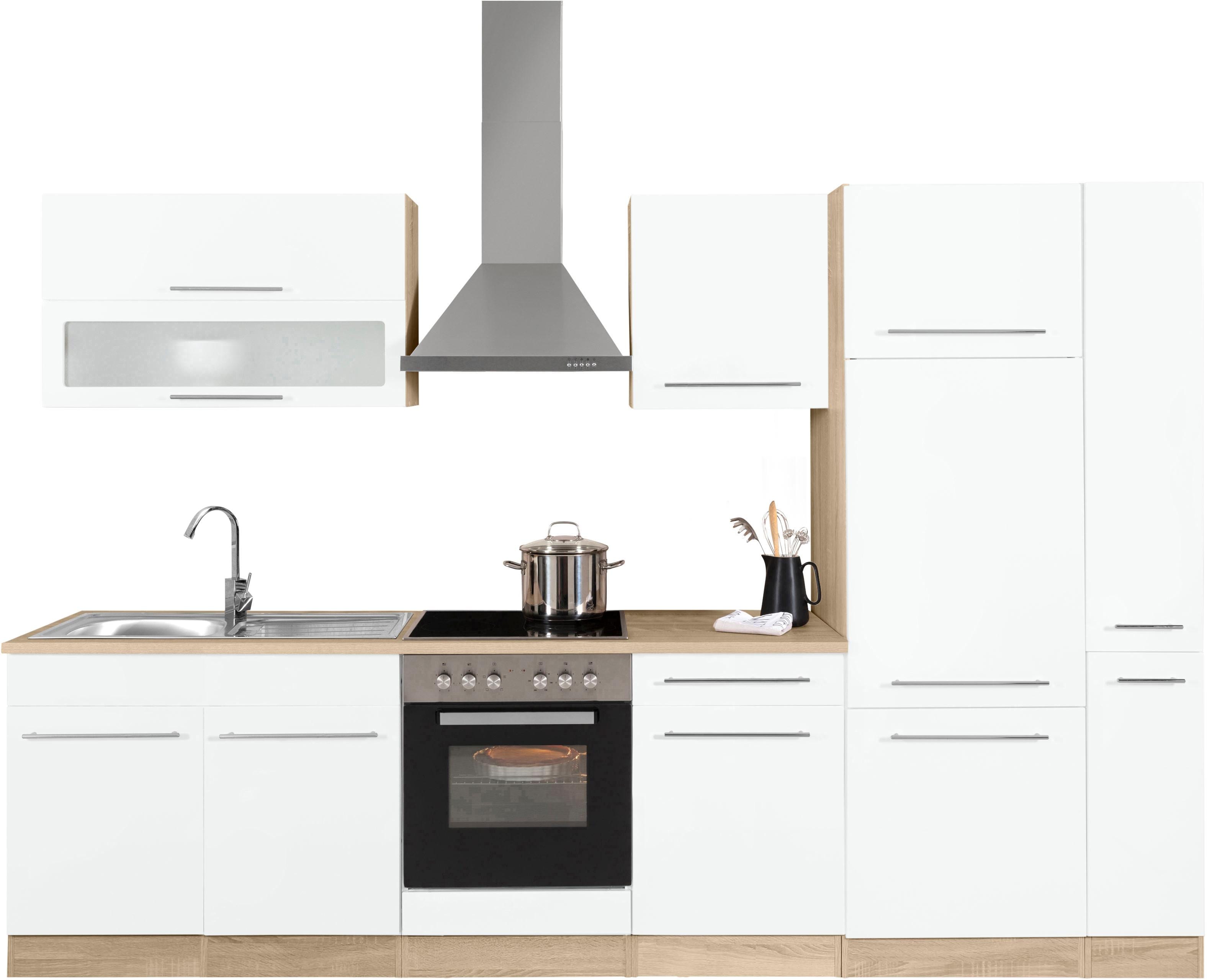 Küchenzeile KOCHSTATION "KS-Eton", weiß (küche: weiß, korpus: eichefarben, arbeitsplatte: eichefarben), B:300cm T:60cm, Komplettküchen-Sets, ohne E-Geräte, Breite 300 cm Image