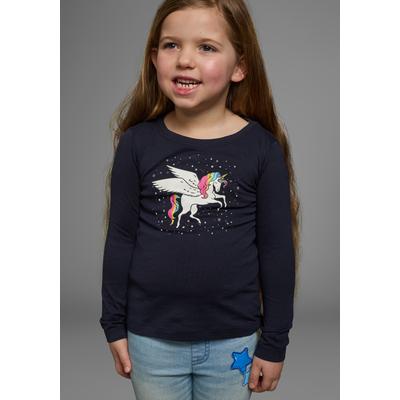 Langarmshirt KIDSWORLD "mit süßem Einhorn Druck", Mädchen, Gr. 92/98, blau (marine), Jersey, Obermaterial: 100% Baumwolle, bedruckt, modisch, Basic hüftlang, Rundhals, Langarm abgesteppte Kante, Shirts, langärmlig, hüftlange Passform, stylischer Druck Image