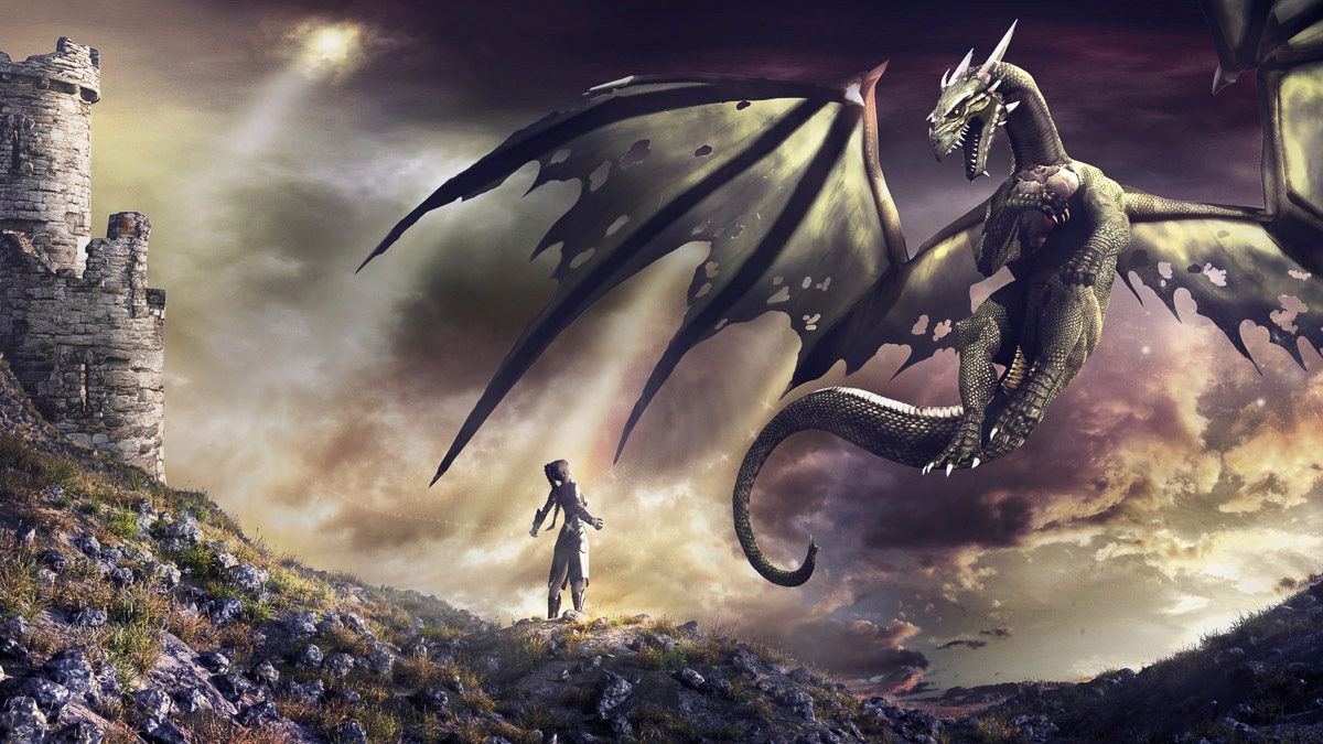 Fototapete PAPERMOON "Drachenphantasie", bunt, B:5m L:2,8m, Vlies, Tapeten Image