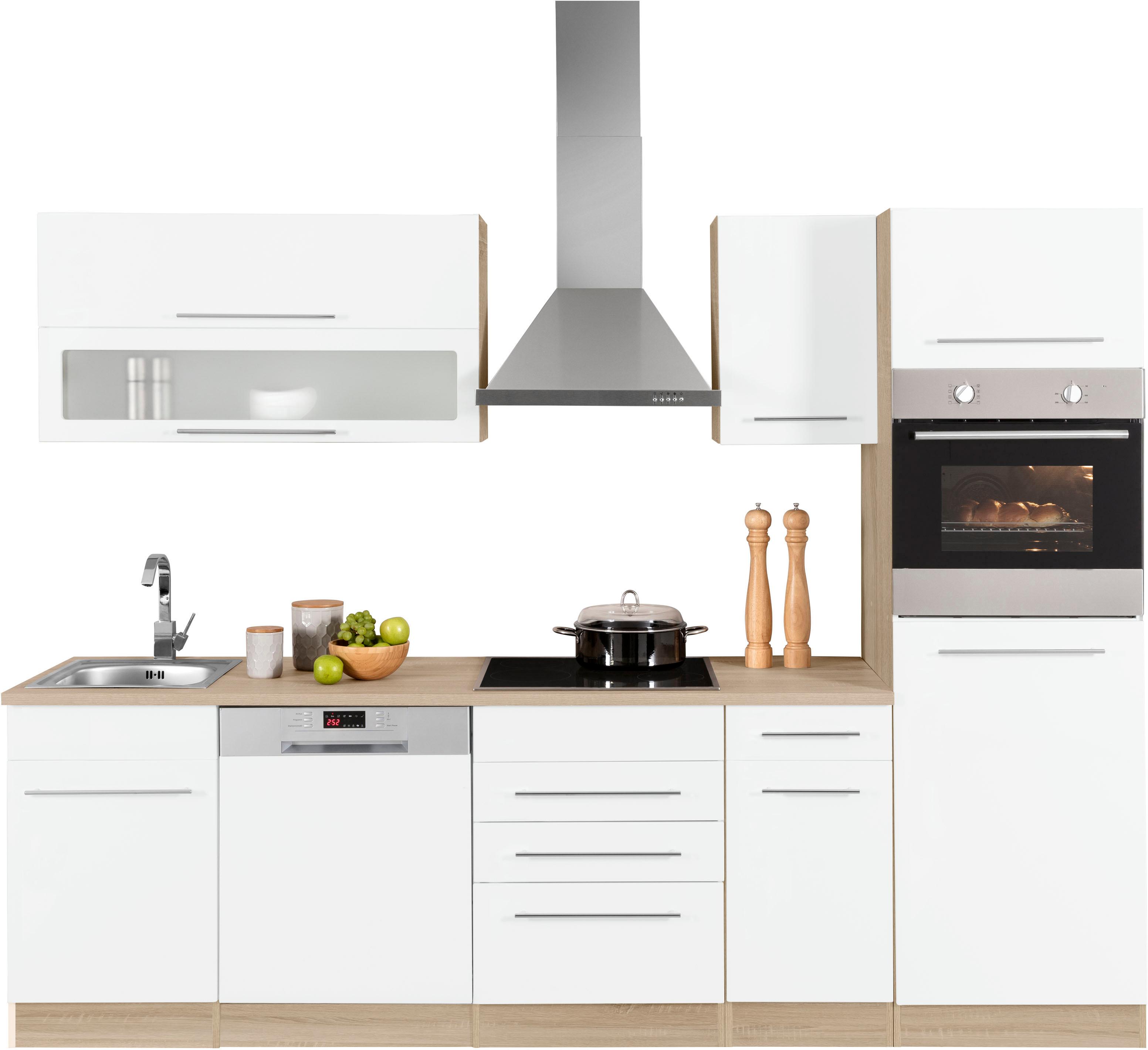 Küchenzeile KOCHSTATION "KS-Eton", weiß (küche: weiß, korpus: eichefarben, arbeitsplatte: eichefarben), B:270cm T:60cm, Komplettküchen-Sets, ohne E-Geräte, Breite 270 cm Image