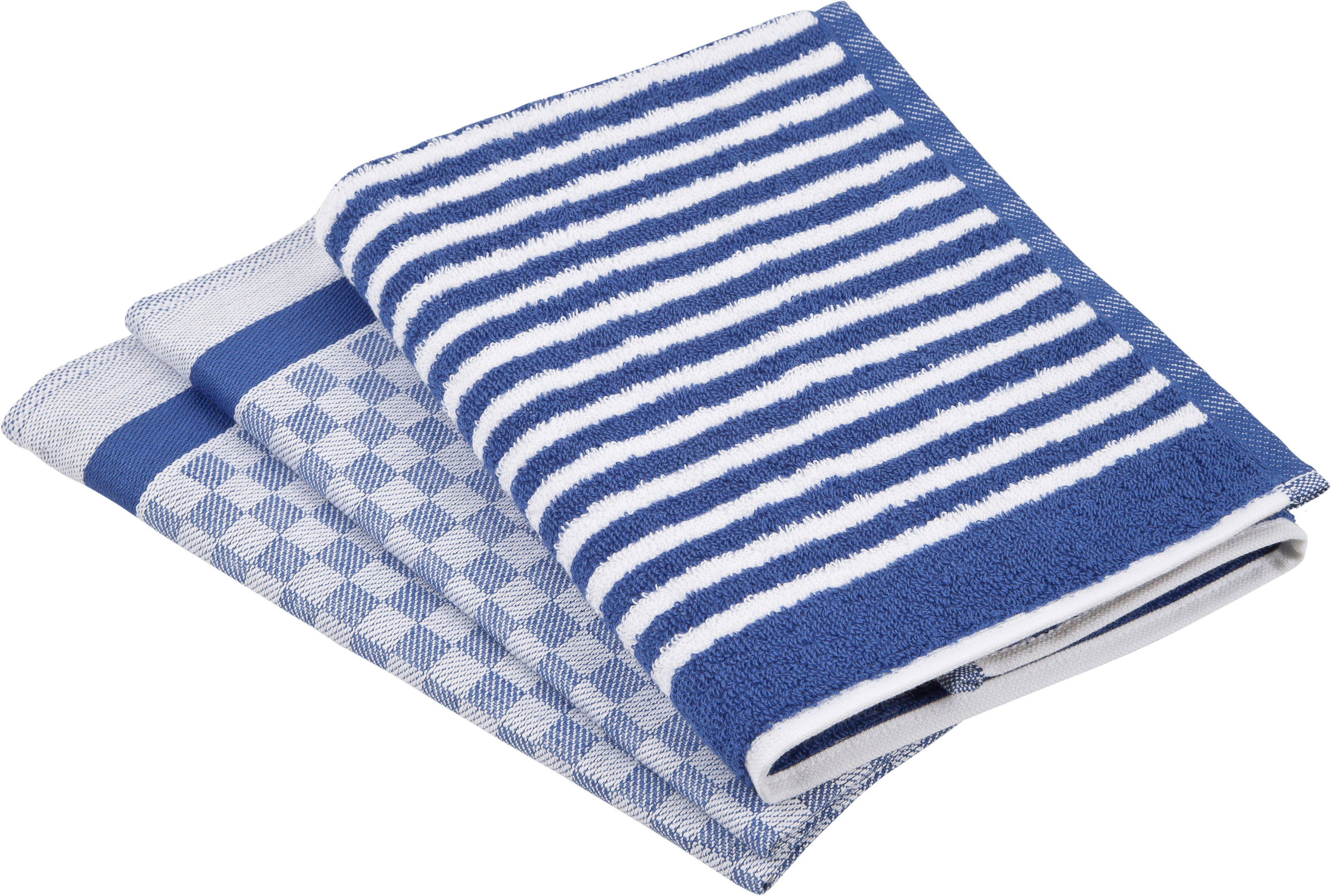 Geschirrtuch ROSS "Exclusiv", blau, 3 Stk., 100 % Baumwolle 50 % Baumwolle 50 % Leinen, 100% Baumwolle, 50% Baumwolle, 50% Leinen, Geschirrtücher, 1x Küchen-Frottiertuch (Streifen) und 2 Geschirrtücher (Karodesign) Image
