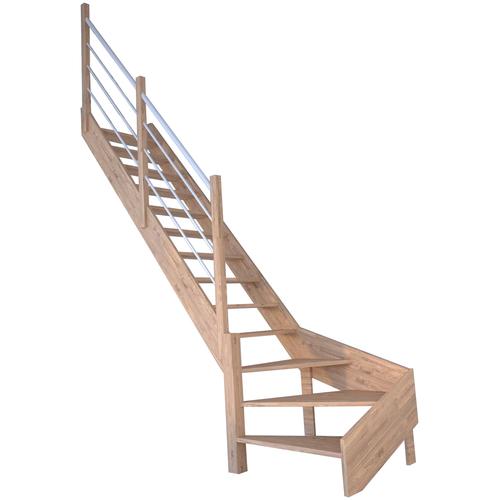 „STARWOOD Raumspartreppe „“Massivholz Rhodos, Holz-Edelstahl Weiß““ Treppen gewendelt Links, Durchgehende Wangenteile Gr. gewendelt, beige (natur, weiß) Treppen“