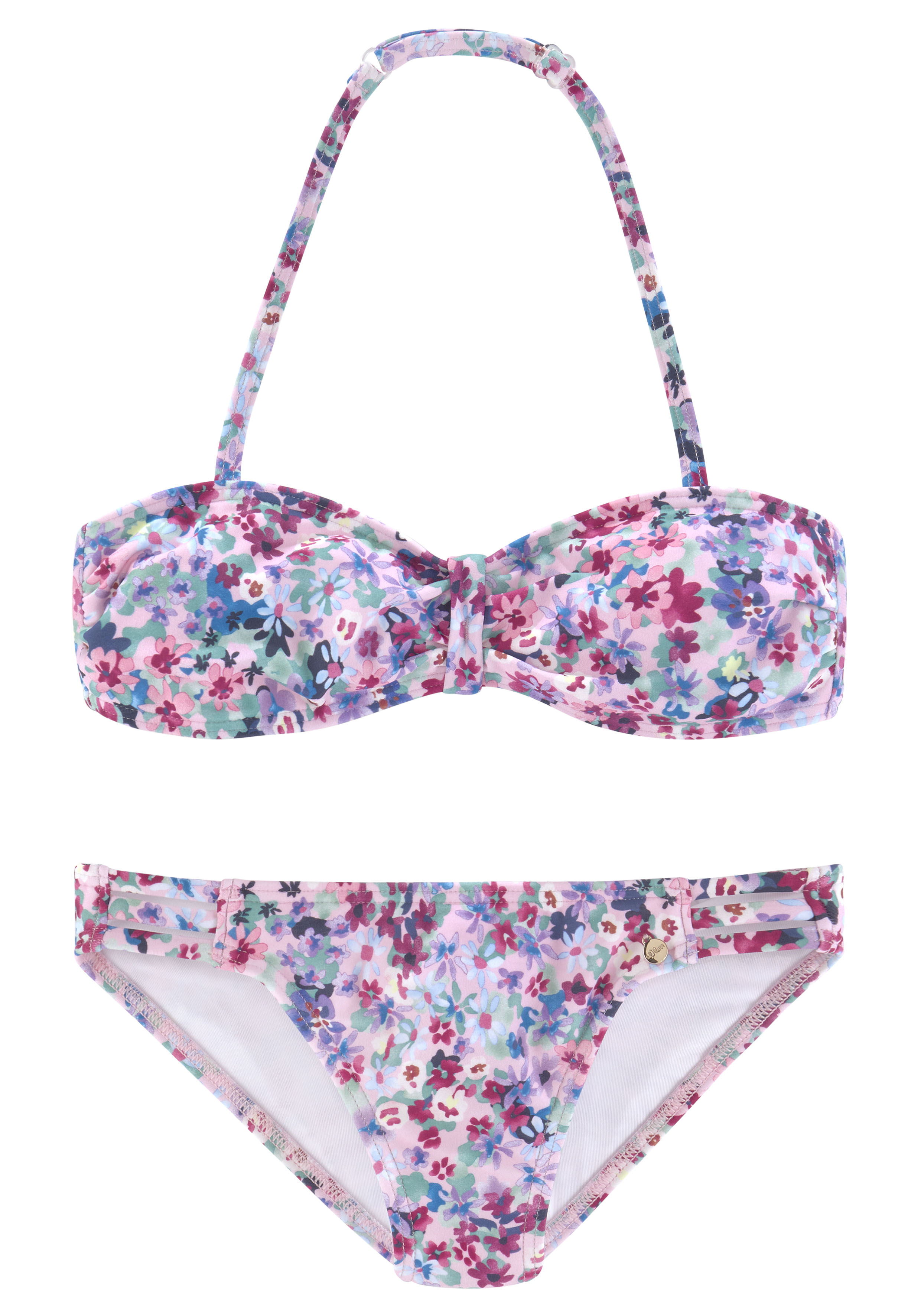 Bandeau-Bikini S.OLIVER "Scatter Kids", Mädchen, Gr. 170/176, N-Gr, lila (lila, bedruckt), Polyamid, bedruckt, geblümt, Bikini-Sets, mit sommerlichem Blumendruck