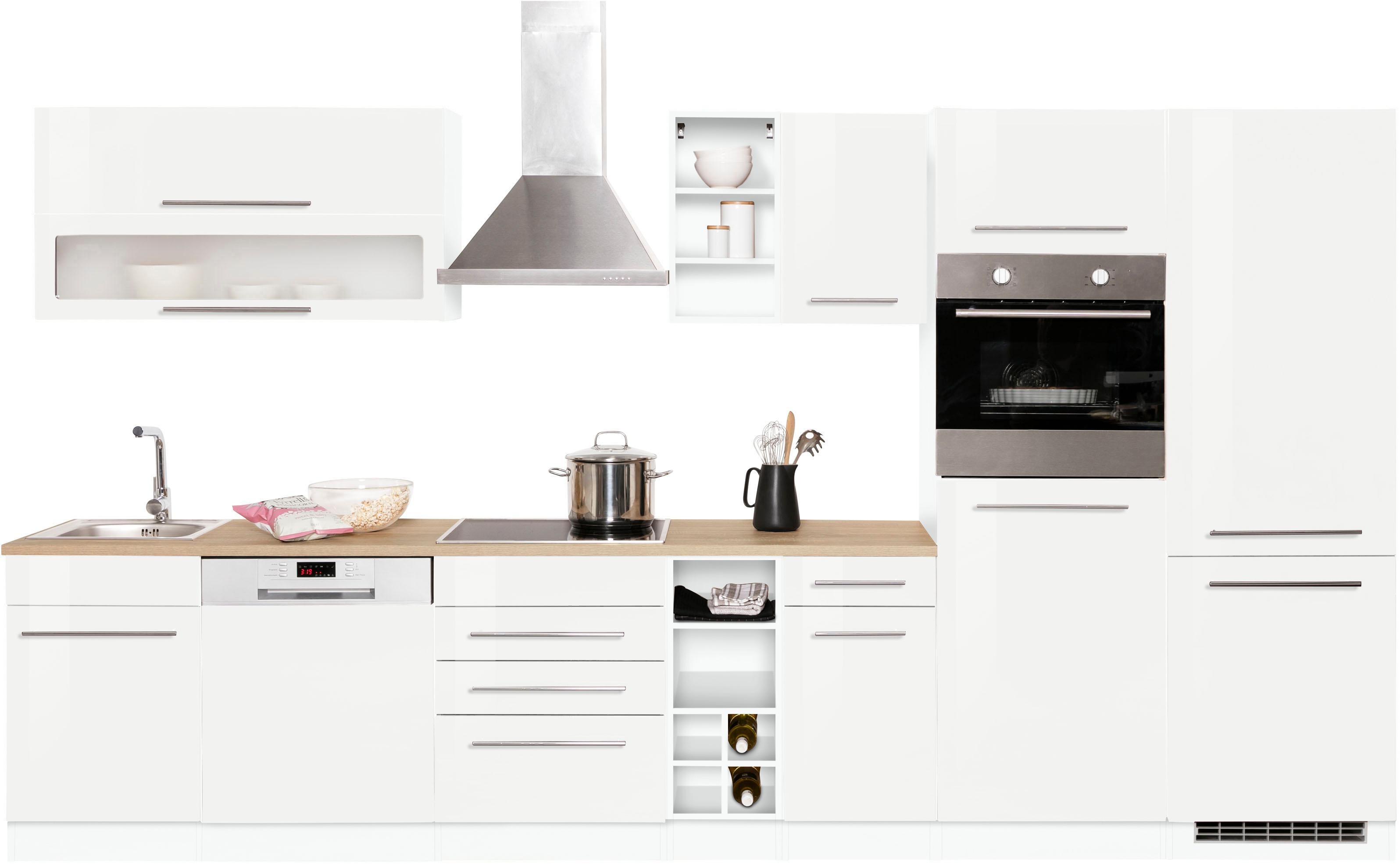 Küchenzeile KOCHSTATION "KS-Eton", weiß (küche: weiß, korpus: weiß, arbeitsplatte: eichefarben), B/H/T: 360cm x 60cm, Komplettküchen-Sets, ohne E-Geräte, Breite 360 cm Image