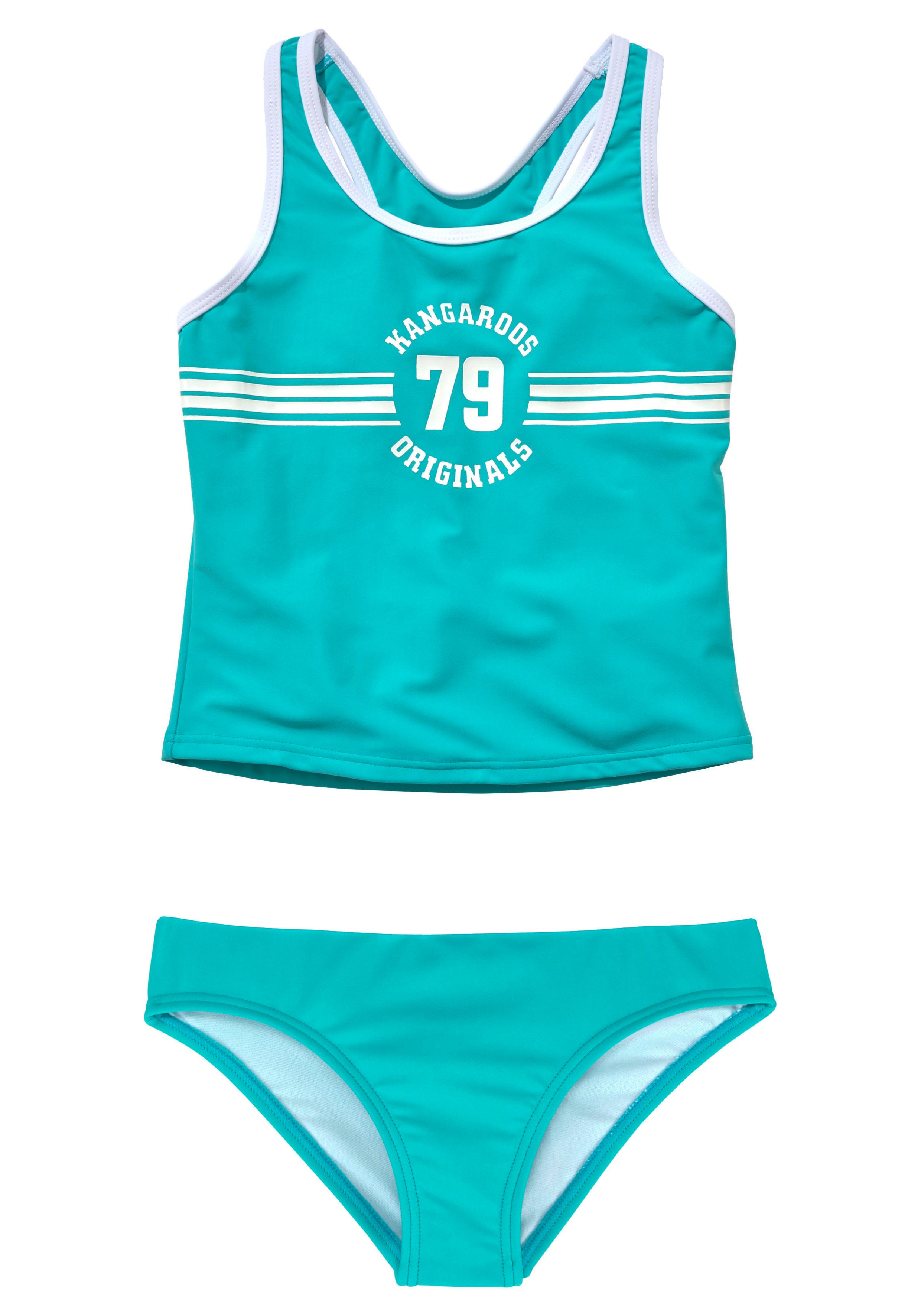 Tankini KANGAROOS "Sporty", Kinder, Gr. 134/140, N-Gr, blau (türkis), Polyamid, kontrastfarbene Details, unifarben, Bikini-Sets, mit sportlichem Frontdruck Image