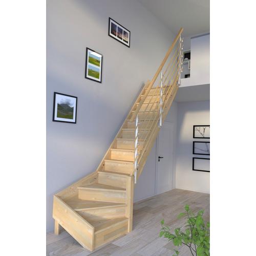 „STARWOOD Raumspartreppe „“Massivholz Korfu, Design-Geländer Holzrundstäbe““ Treppen gewendelt Rechts, Durchgehende Wangenteile Gr. gewendelt, beige (natur) Treppen“