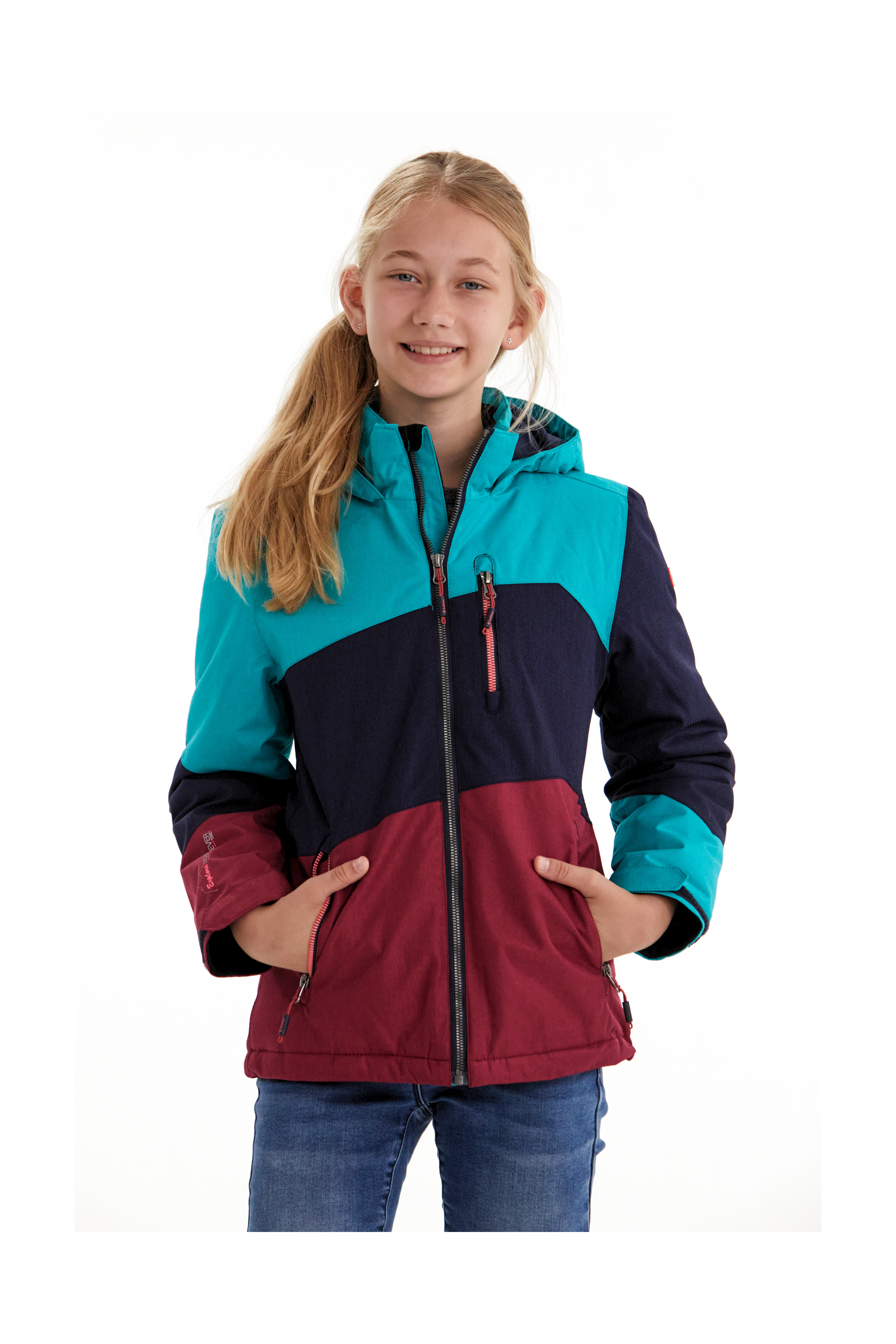 Outdoorjacke KILLTEC "Lynge GRLS JCKT B", Kinder, Gr. 164, blau (azur), Oberstoff: 100% Polyester, Futter: 100% Polyester, Füllung: 100% Polyester, Jacken, Wasserdichte Winterjacke mit Kapuze, Fleece, verstellbaren Ärmeln Image