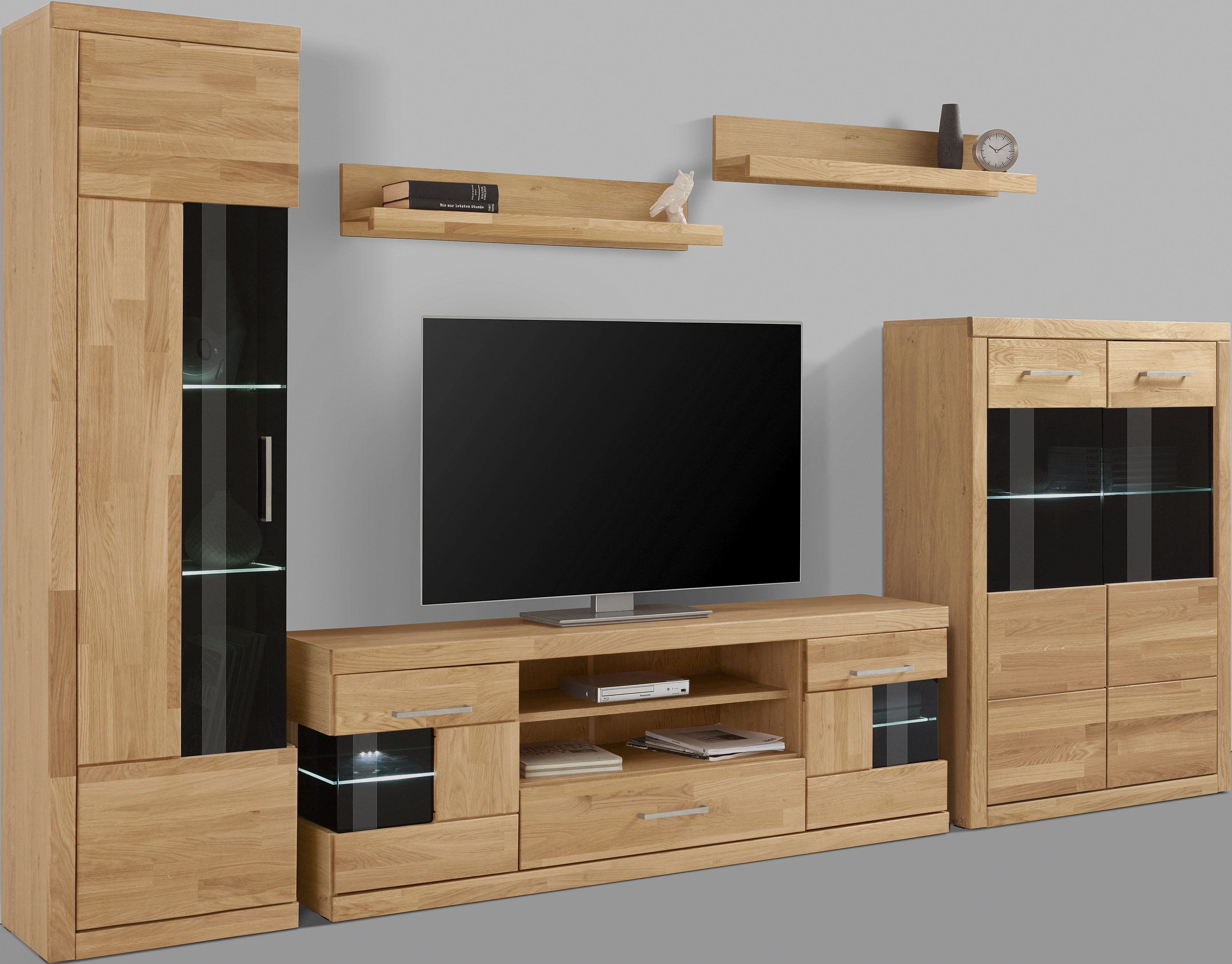 Wohnwand HOME AFFAIRE "Ribe Wohnwand Set-5 St.", braun (eiche teilmassiv), B/H/T: 297cmcm x 180cmcm x 35cmcm, Kastenmöbel-Sets, Glaseinsatz aus gehärtetem Glas,Böden teilweise versetzbar