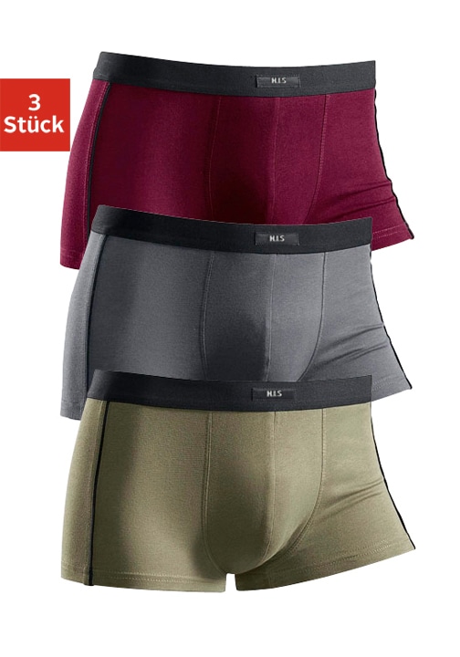 Hipster H.I.S, Herren, Gr. 7 (XL), bunt (grau, olivgrün, bordeaux), Jersey, Obermaterial: 95% Baumwolle, 5% Elasthan, unifarben, körpernah, Unterhosen, knapp sitzende Boxershorts aus Baumwollmischung Image