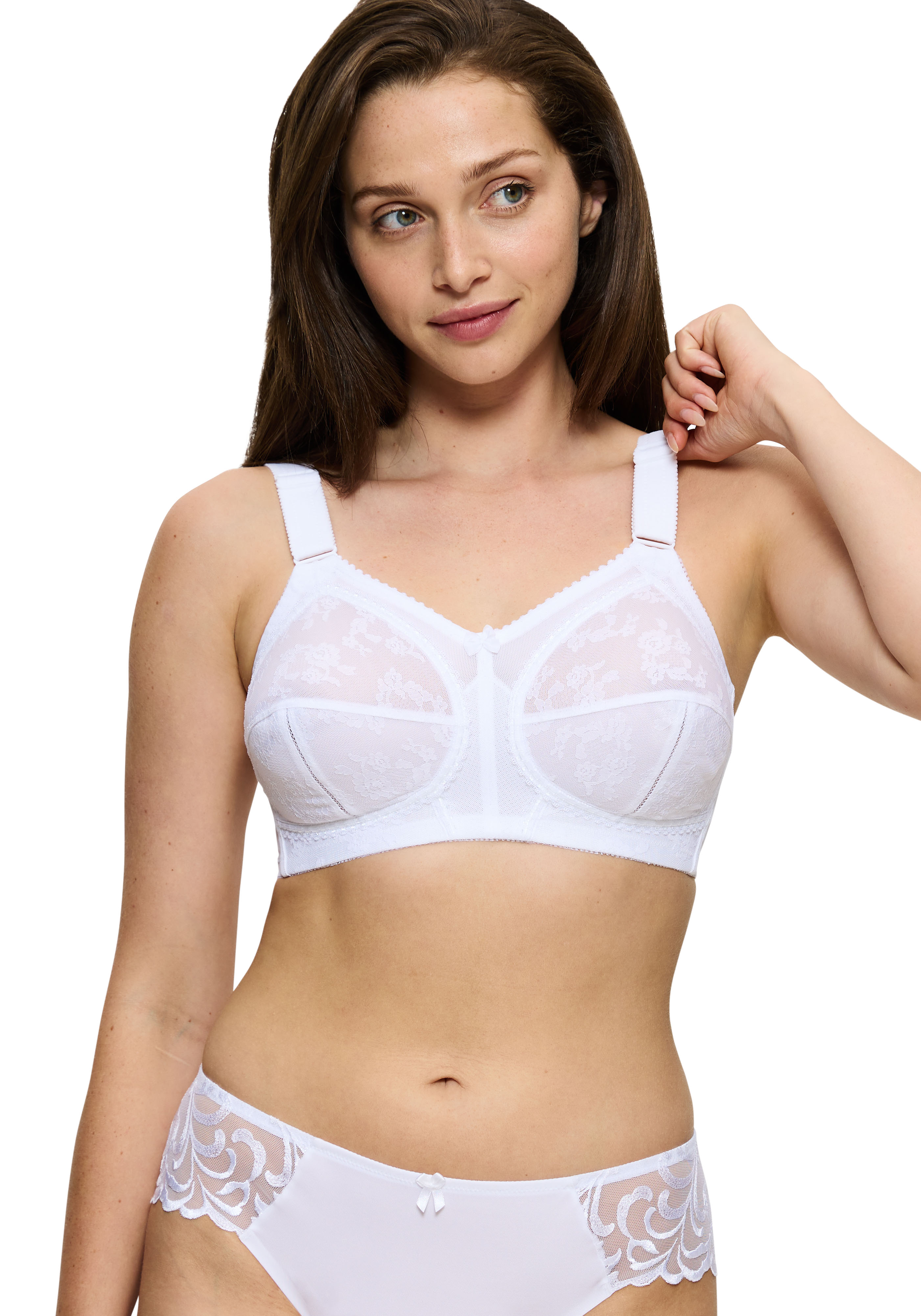 Bügelloser BH TRIUMPH "Doreen X", Damen, Gr. 100, Cup E, weiß, Microtouch, Obermaterial: 84% Polyamid, 10% Elasthan (LYCRA), 6% Baumwolle, unifarben, BHs, mit Spitzendetails