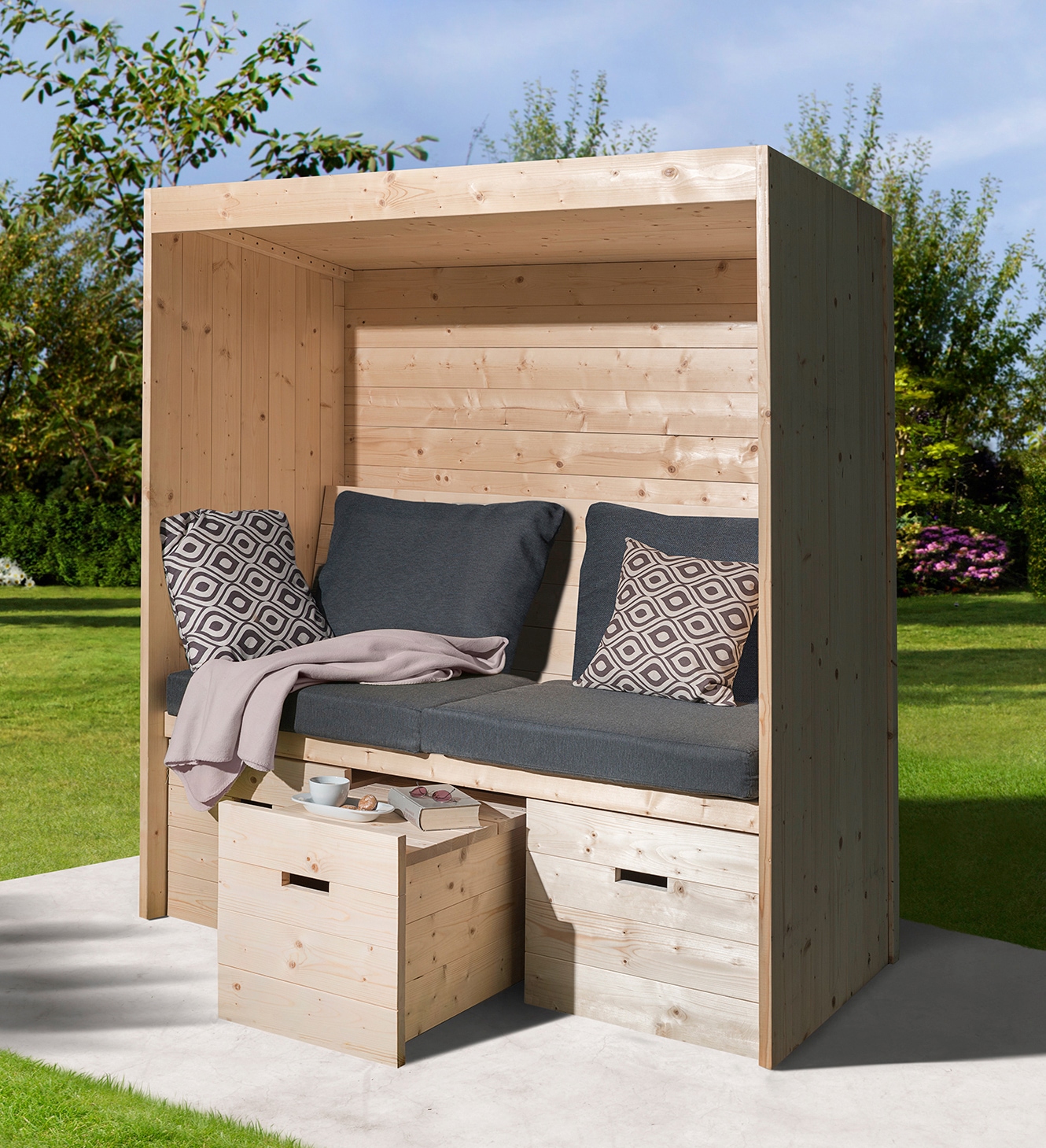 Sitzlaube WEKA "Bozen", grau (korpus: natur bezug: grau), B:170cm H:192cm T:85cm, Strandkörbe, inkl. 6-teiliges Kissen-Set