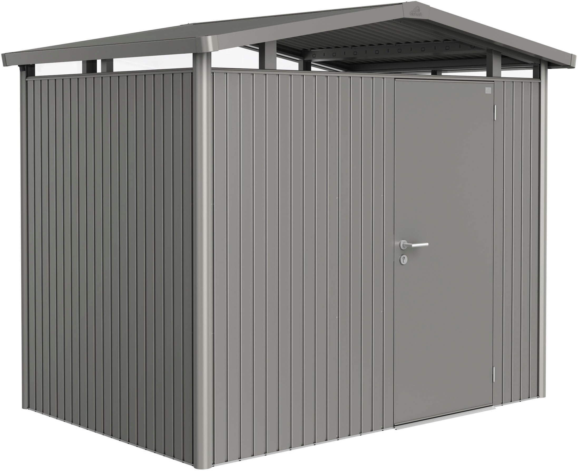 Gerätehaus BIOHORT "PANORAMA Gr. P2 quarzgrau-metallic mit Standardtür", grau (quarzgrau, metallic), Stahl, Gerätehäuser, aus Metall mit umlaufendem Acrylglas-Lichtband Image