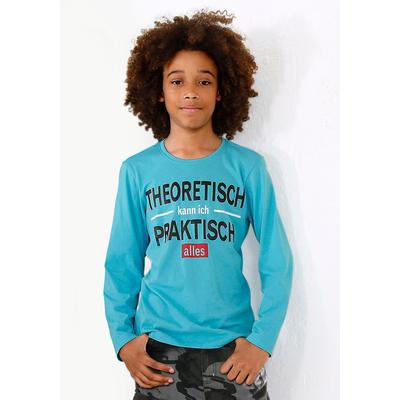 Langarmshirt KIDSWORLD "THEORETISCH KANN ICH PRAKTISCH ALLES", Jungen, Gr. 164/170, blau (türkis), Jersey, Obermaterial: 100% Baumwolle, modisch, Basic, Langarm, Shirts, Langarm, Basic-Passform, mit stylischem Druck, aus Baumwolle Image