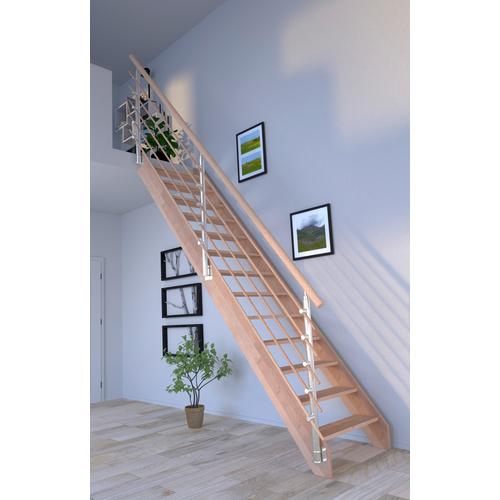 „STARWOOD Raumspartreppe „“Massivholz Rhodos, Design-Geländer Holzrundstäb““ Treppen Durchgehende Wangenteile Gr. gerade, beige (natur) Treppen“