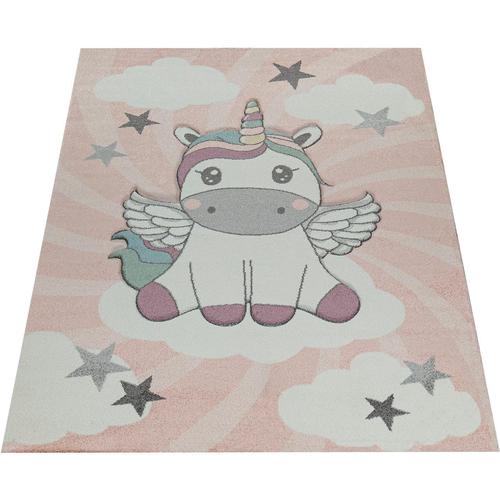 Kinderteppich PACO HOME ""Cosmo 395"" Teppiche Gr. B: 160 cm 1 St., 12 mm, L: 230 cm, pink Kinder 3D-Design, niedliches Einhorn Motiv, Pastell-Farben, Kinderzimmer