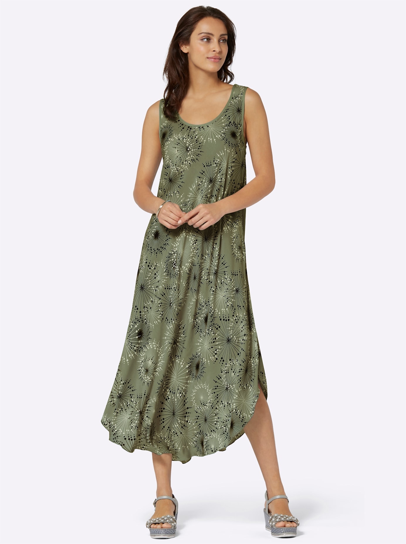Druckkleid INSPIRATIONEN "Kleid", Damen, Gr. 46, Normalgrößen, grün (khaki, graphit, bedruckt), 100% Viskose, bedruckt, gemustert, mehrfarbig, wadenlang, Rundhals, Kleider Image