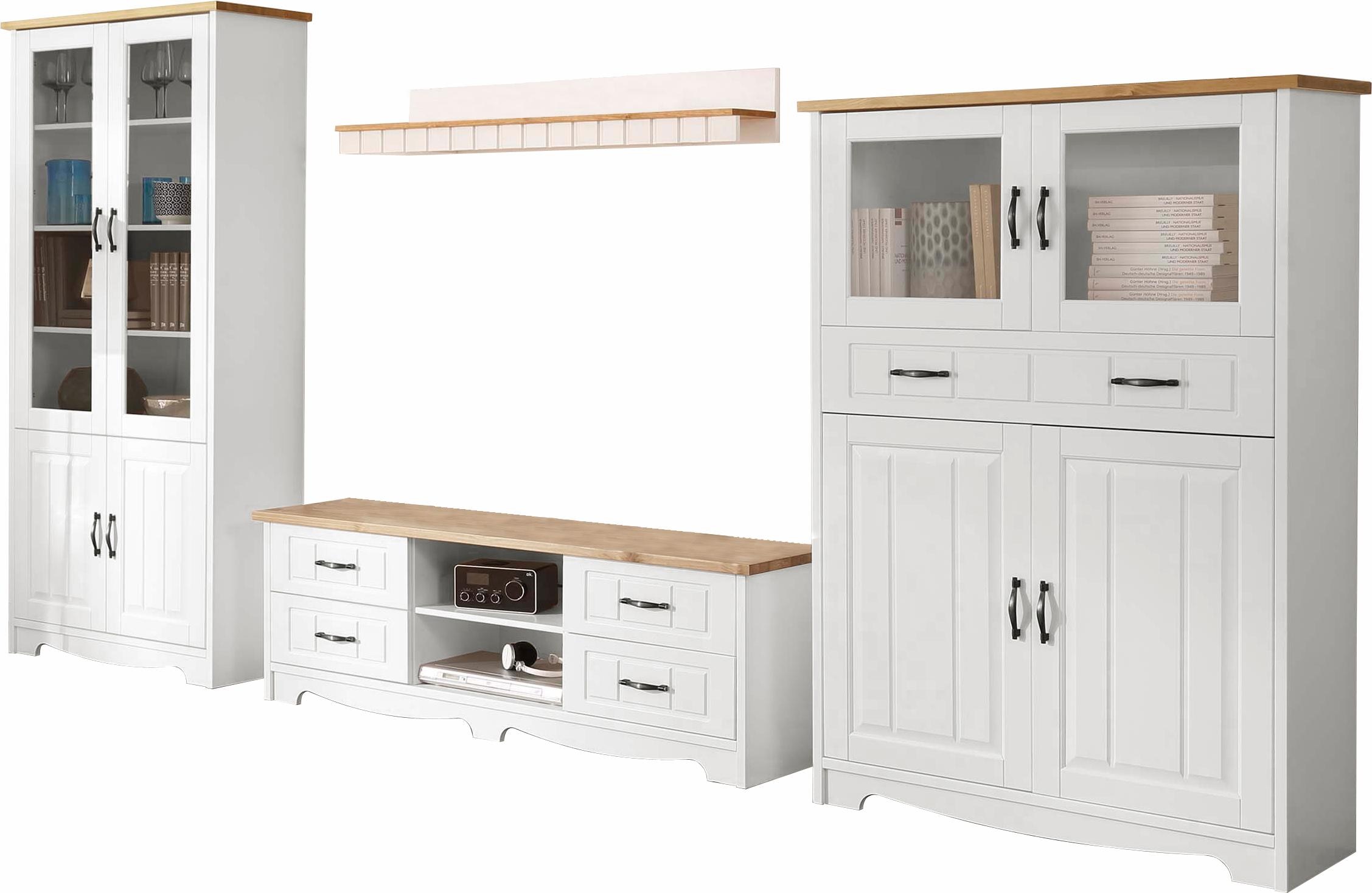 Wohnwand HOME AFFAIRE "Trinidad", weiß (weiß, honig), Kastenmöbel-Sets, Holz Wohnwände Wohnwand, Set aus 1 Vitrine, 1 Lowboard, 1 Highboard, 1 Wandboard