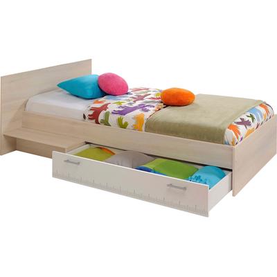 Jugendbett PARISOT "Charly", weiß (akaziefarben, weiß), B:121cm L:203cm, Alufarbene Griffe aus Kunststoff, Beschläge aus Metall, Betten, Einzelbett, mit Bettschubkasten und Ablagefläche