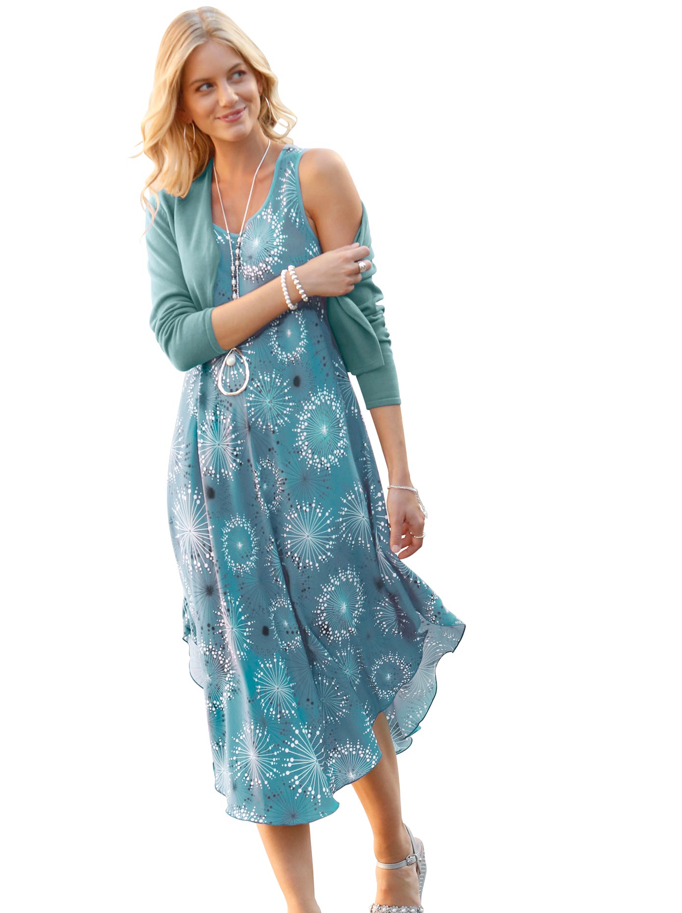 Druckkleid INSPIRATIONEN "Kleid", Damen, Gr. 44, Normalgrößen, blau (ozean, graphit, bedruckt), 100% Viskose, bedruckt, gemustert, mehrfarbig, wadenlang, Rundhals, Kleider Image