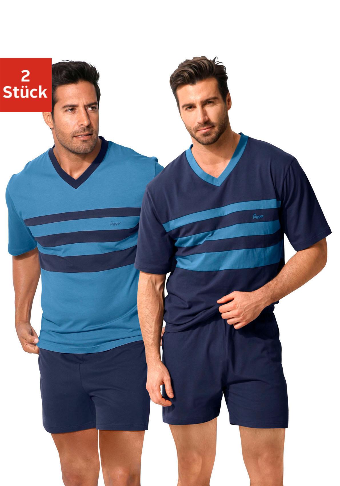 Pyjama LE JOGGER, Damen, Gr. 44/46 (S), blau (blau, marine), Jersey, Obermaterial: 100% Baumwolle, unifarben mit Farbeinsätzen, Basic, bequem kurz, V-Ausschnitt, abgesteppte Kante, Homewear-Sets Pyjama, Schlafanzug mit kontrastfarbigen Einsätzen vorn Image