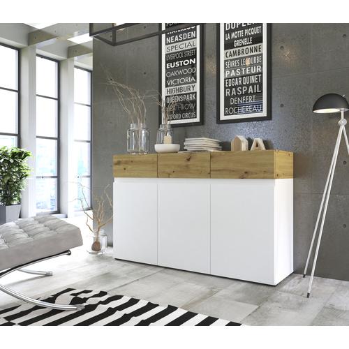 „Sideboard INOSIGN „“Rimini““ Sideboards Gr. B/H/T: 135 cm x 86 cm x 40 cm, 3, weiß (weiß, eichefarben artisan) Sideboards Breite 135 cm“