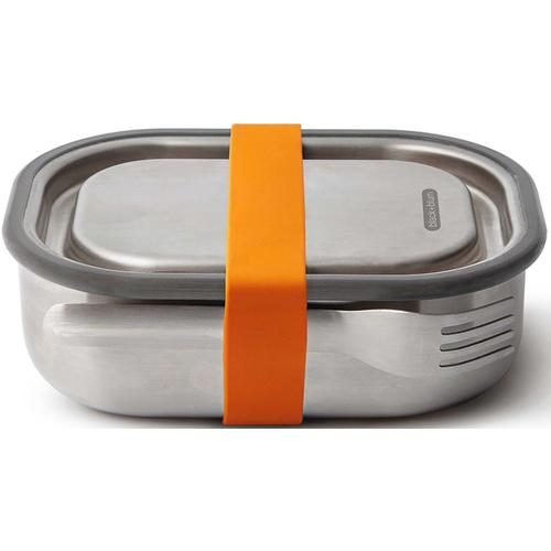 Lunchbox BLACK+BLUM, orange, B:13cm H:6cm L:18cm, Edelstahl, Lebensmittelaufbewahrungsbehälter, (3-in1), auslaufsicher, mit Silikon-Ventil, Gabel und Gurt, 600 ml