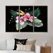 Bayou Breeze Bouquet Of Tropical Flowers & Leaves On Black II - Tropical Framed Canvas Wall Art Set Of 3 Metal in Black/Green/Pink | Wayfair