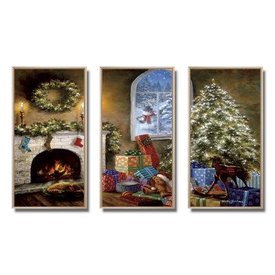 The Holiday Aisle® Christmas Eve w/ Presents By Fire Place - Traditional Framed Canvas Wall Art Set Of 3 Canvas, in Black/Green/Red | Wayfair
