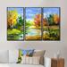 Loon Peak® Autumn Landscape w/ River Under A Blue Sky - Country Framed Canvas Wall Art Set Of 3 Canvas, Wood in White | 28 H x 36 W x 1 D in | Wayfair