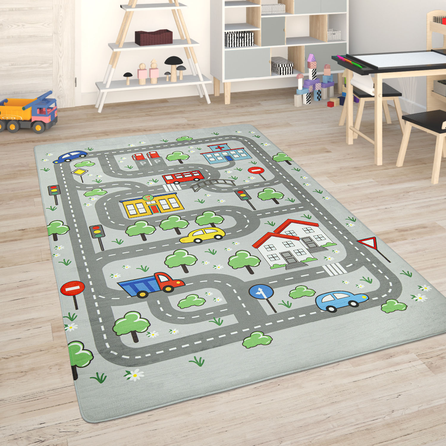 Kinderteppich PACO HOME "Chicos 559", grau, B:155cm H:2mm L:230cm, Polyester, Teppiche, Kinderteppich, Flachgewebe, Straßen-Spiel-Teppich, Kinderzimmer