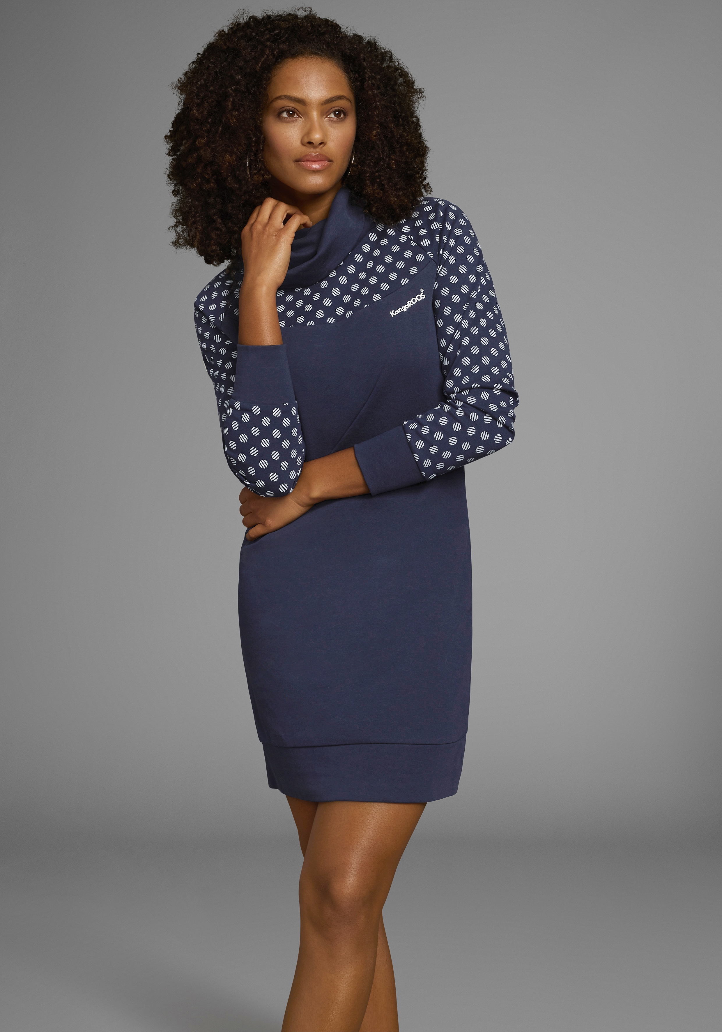 Sweatkleid KANGAROOS, Damen, Gr. 32/34, N-Gr, blau (marine, weiß, gemustert), Interlock, Obermaterial: 100% Baumwolle, gemustert, unifarben, figurbetont kurz, eingesetzt Rippbündchen, Kleider Sweatkleid, lang, aus Baumwolle, Langarm, mit breiten...