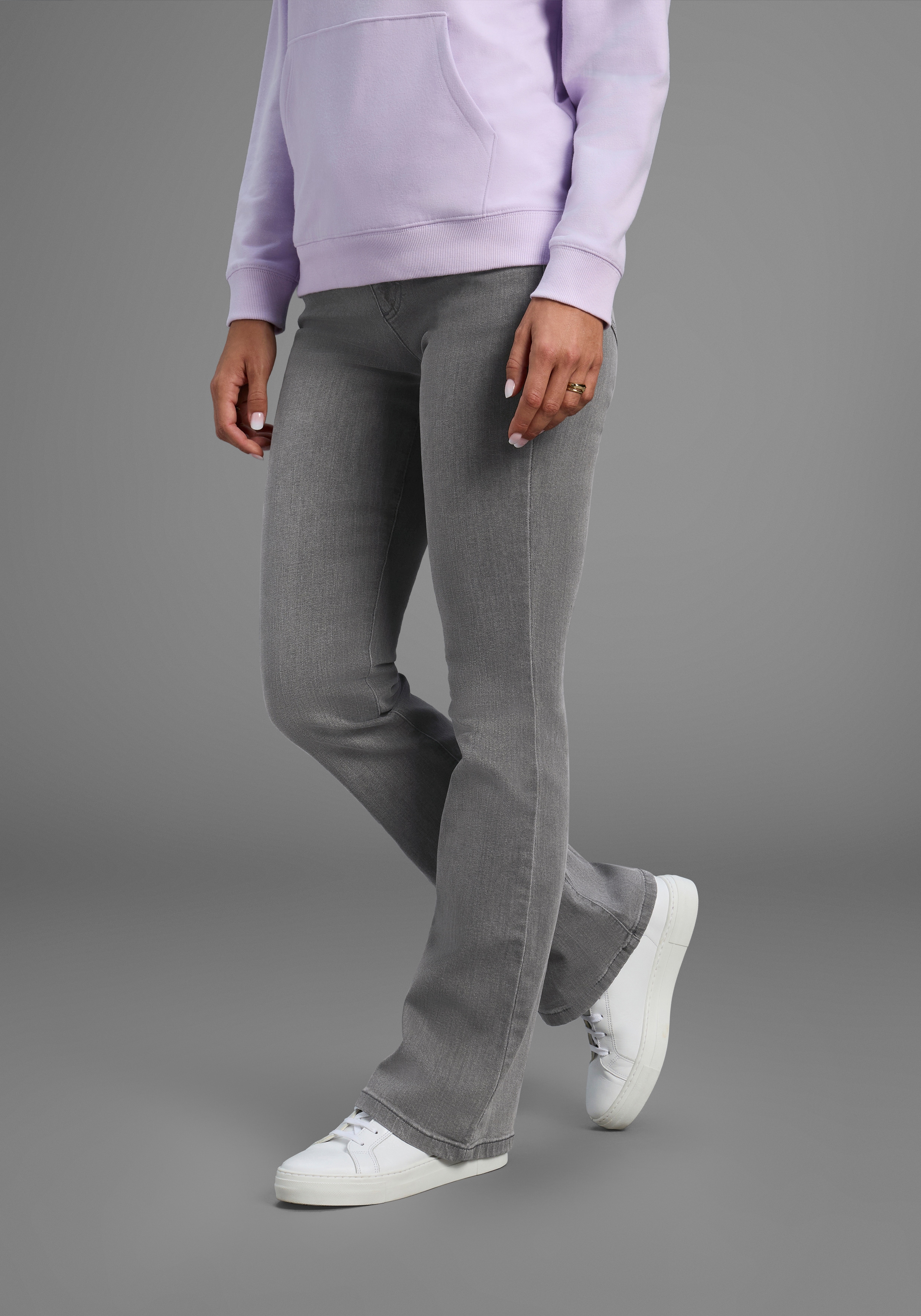 Bootcut-Jeans ARIZONA "Comfort-Fit", Damen, Gr. 25, K + L Gr, grau (grau used), Denim/Jeans, Obermaterial: 98% Baumwolle, 2% Elasthan, Basic, bequem lang, Jeans, ausgestellte Beinform, mit Eingrifftaschen, High-Waist