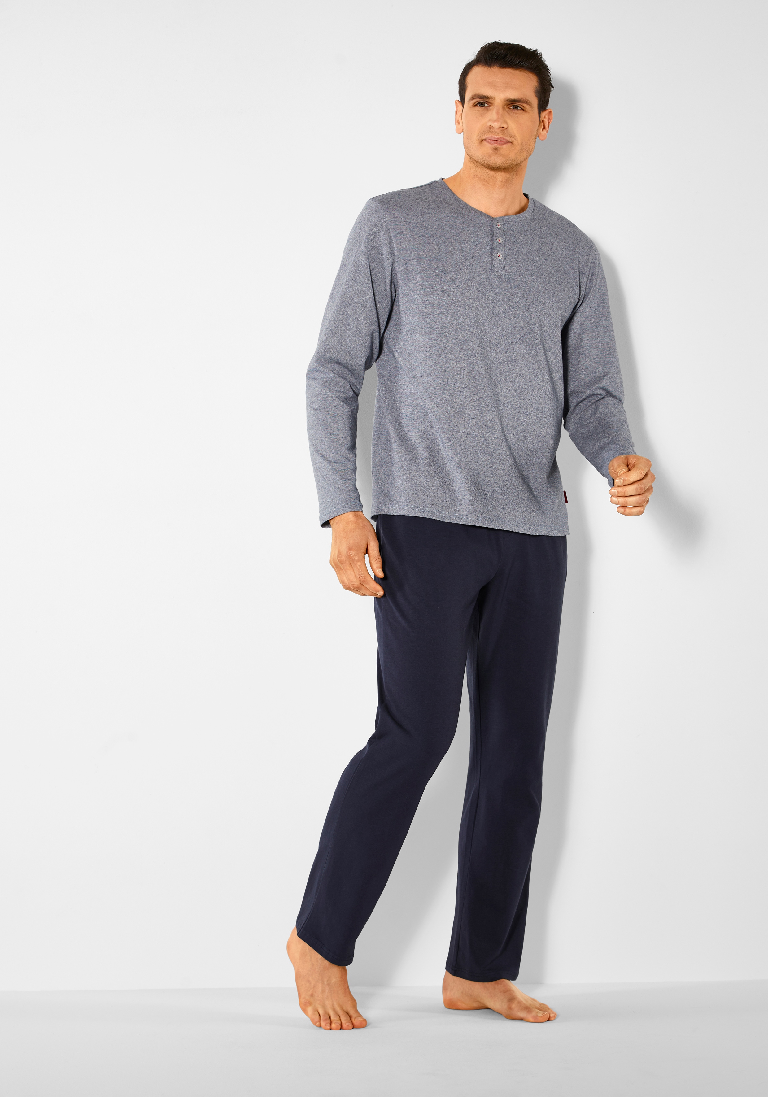 Pyjama S.OLIVER, Herren, Gr. 48/50 (M), blau (blau, meliert, navy), Jersey, Obermaterial: 95% Baumwolle, 5% Elasthan, meliert, Basic, bequem lang, Rundhals, abgesteppte Kante, Homewear-Sets Pyjama, Schlafanzug mit Knopfleiste