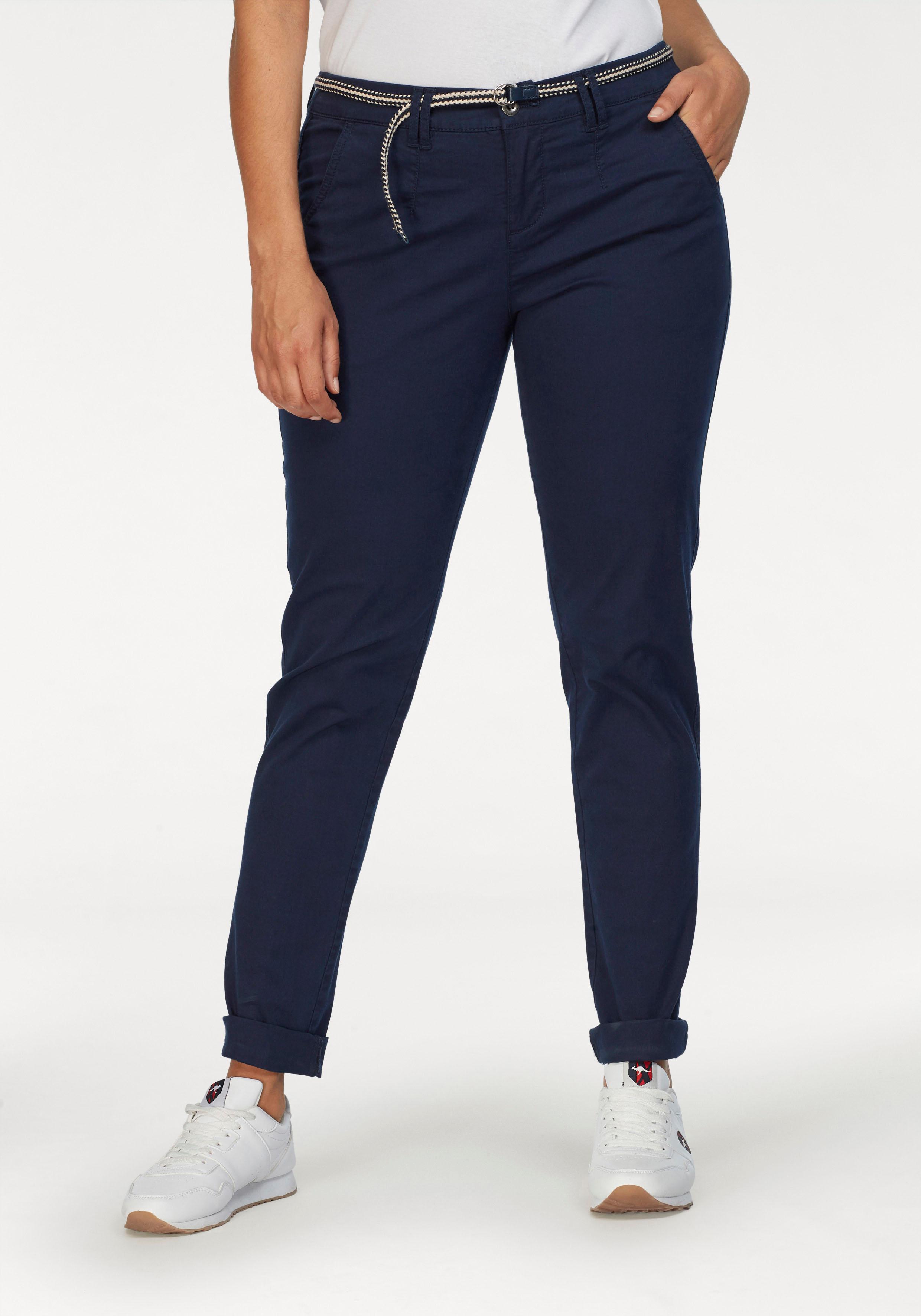Chinohose KANGAROOS, Damen, Gr. 40, N-Gr, blau (marine), Web, Obermaterial: 98% Baumwolle, 2% Elasthan, unifarben, gerade, unten schmal lang, Hosen Hose Chinohose, in schmaler Form, mit Kordel zu binden