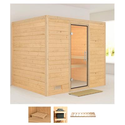 Sauna KARIBU "Soraja", beige (naturbelassen), ohne Ofen, (ohne Ofen), Saunen, ohne Ofen