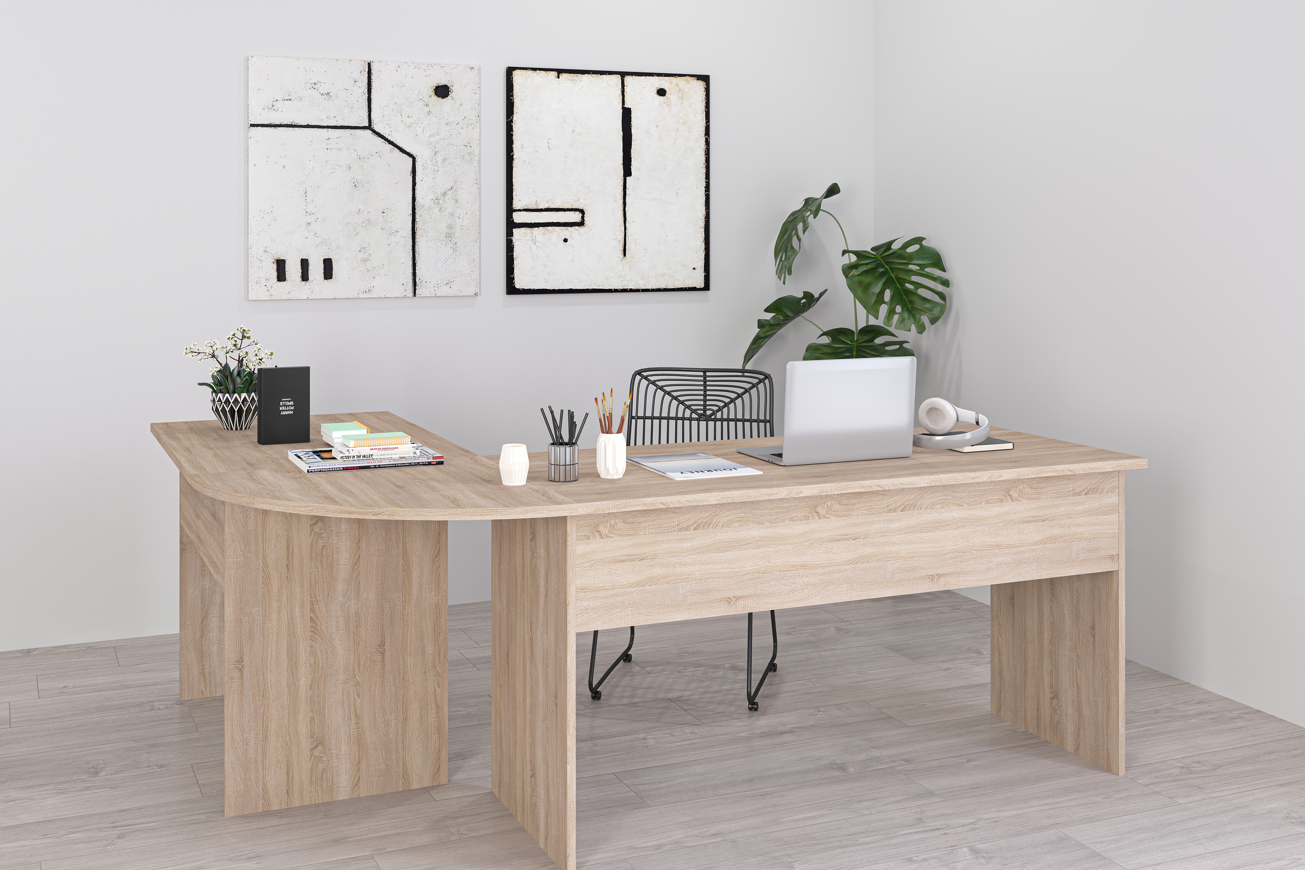 Eckschreibtisch FMD "Tiell", braun (eichefarben), B:205cm H:76cm T:155cm, Tische, Winkel Schreibtisch, Bürotisch, beidseitig montierbar, 205/155 cm