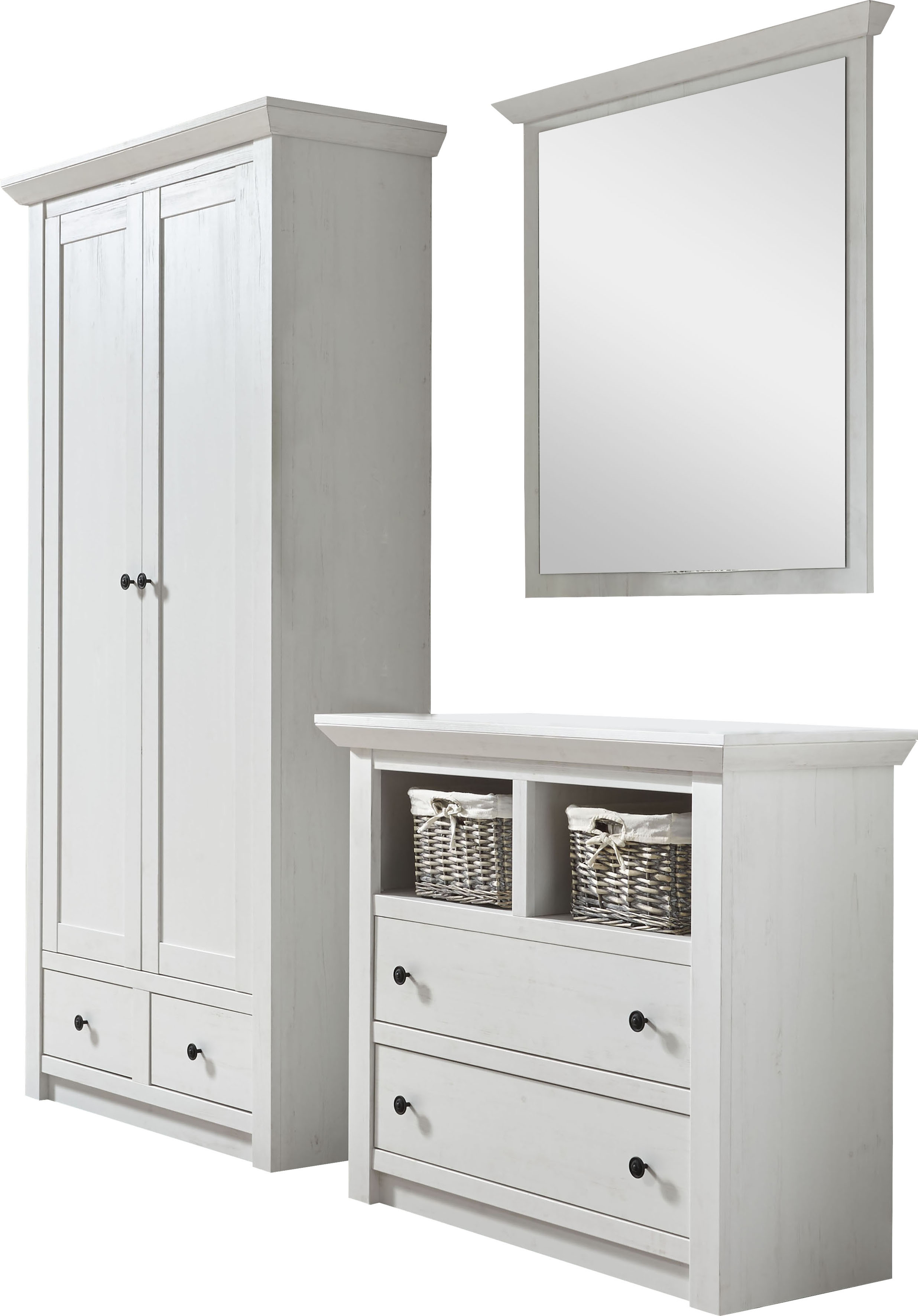 Garderoben-Set HOME AFFAIRE "California, Komplettset im Landhausstil, moderne Garderobe", weiß, B:220cm, Kastenmöbel-Sets, enthält Kommode, Garderobenschrank und Spiegel, 220 cm breit