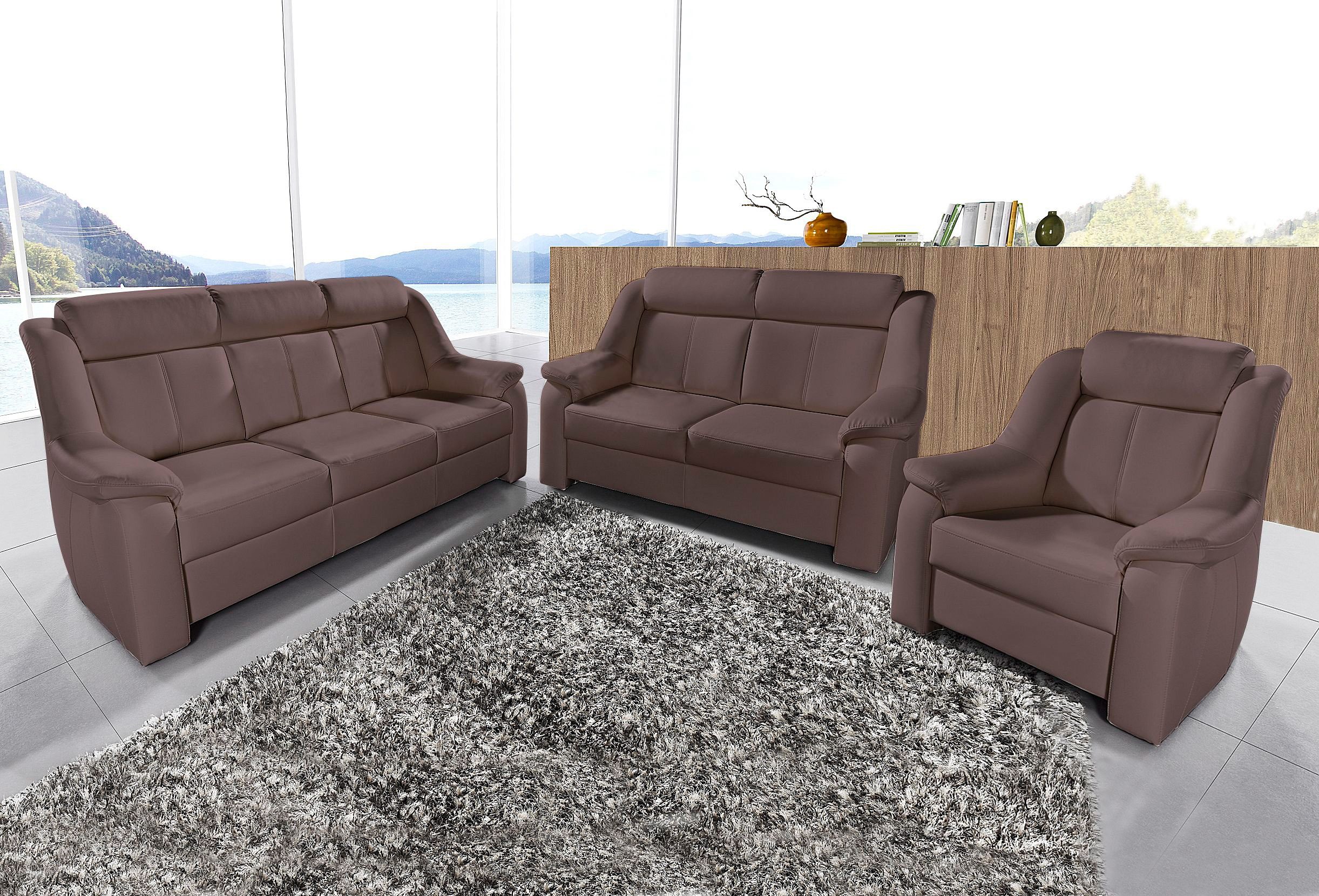 Polstergarnitur SIT & MORE "Basel", braun (mokka,), Kunstleder SOFTLUX, Sitzmöbel-Sets, Set, bestehend aus 3-Sitzer + 2-Sitzer + Sessel